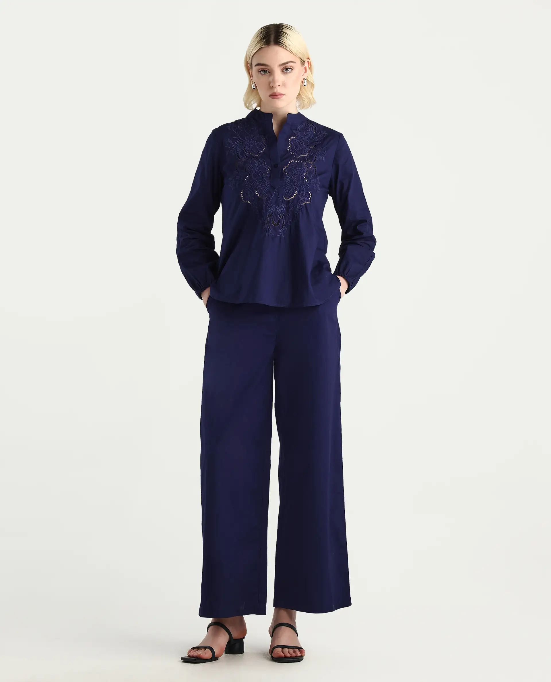 Rareism Women's Nucut-B Navy 100% Cotton Straight Fit Trouser - Image 2