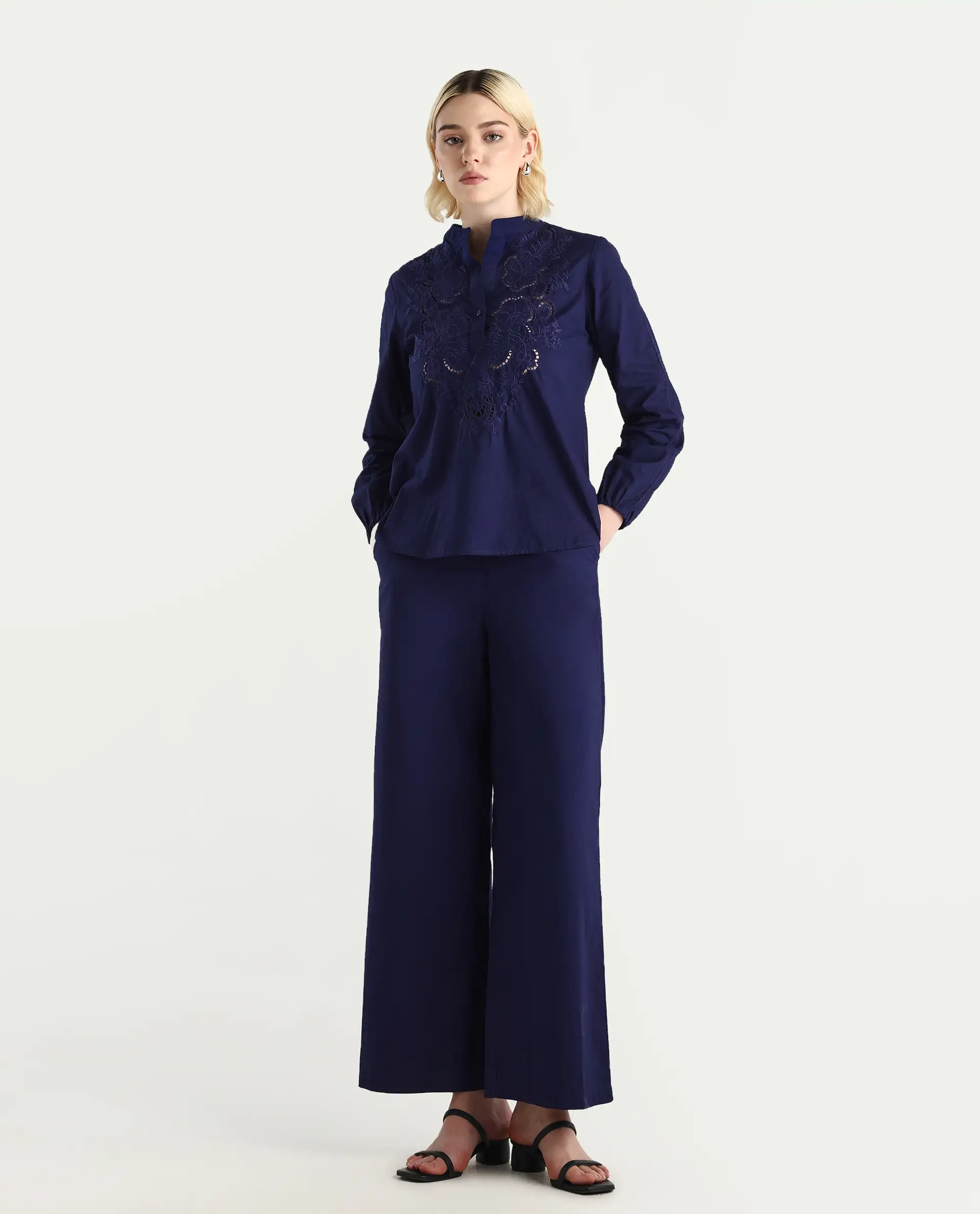 Rareism Women's Nucut-B Navy 100% Cotton Straight Fit Trouser - Image 5