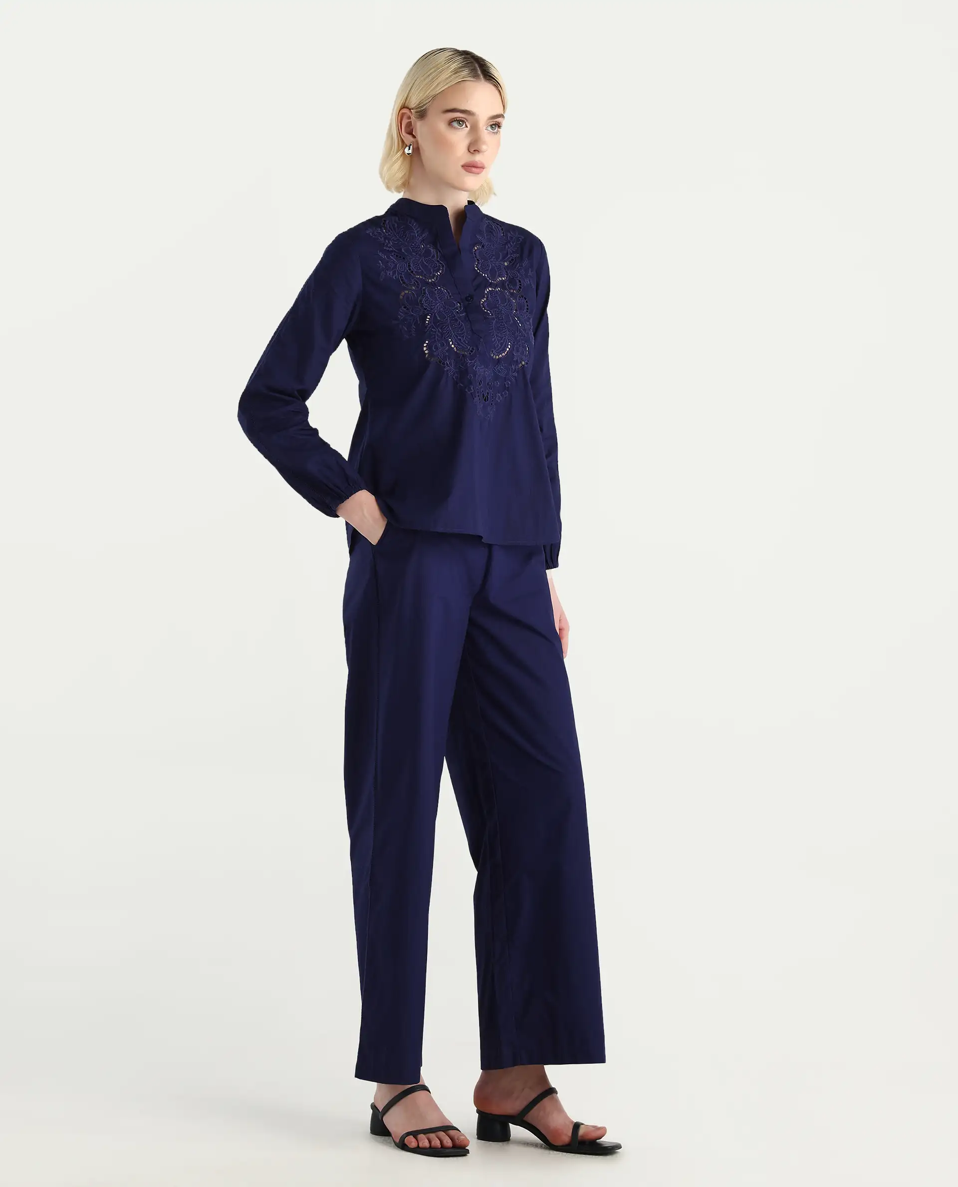Rareism Women's Nucut-B Navy 100% Cotton Straight Fit Trouser - Image 6