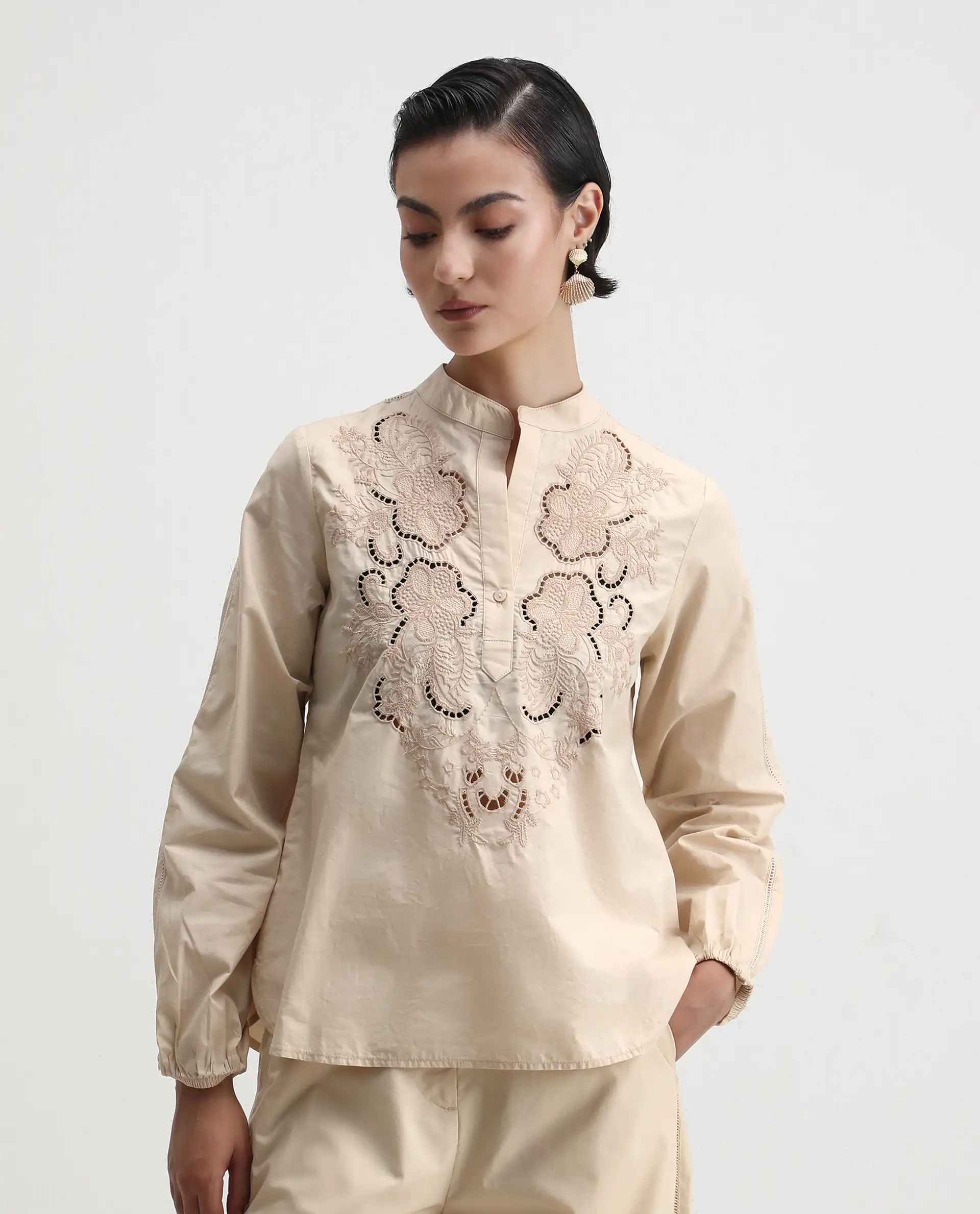 Rareism Women's Nucut-T Beige Cotton Mandarin Collar Regular Fit Top - Image 2