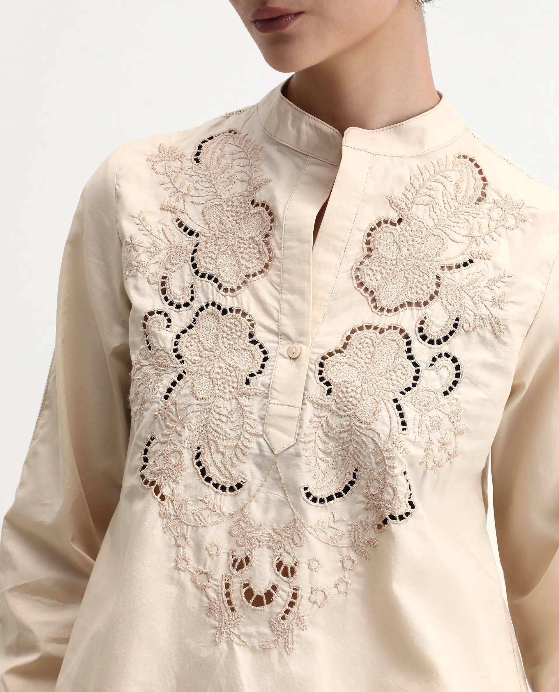 Rareism Women's Nucut-T Beige Cotton Mandarin Collar Regular Fit Top - Image 4