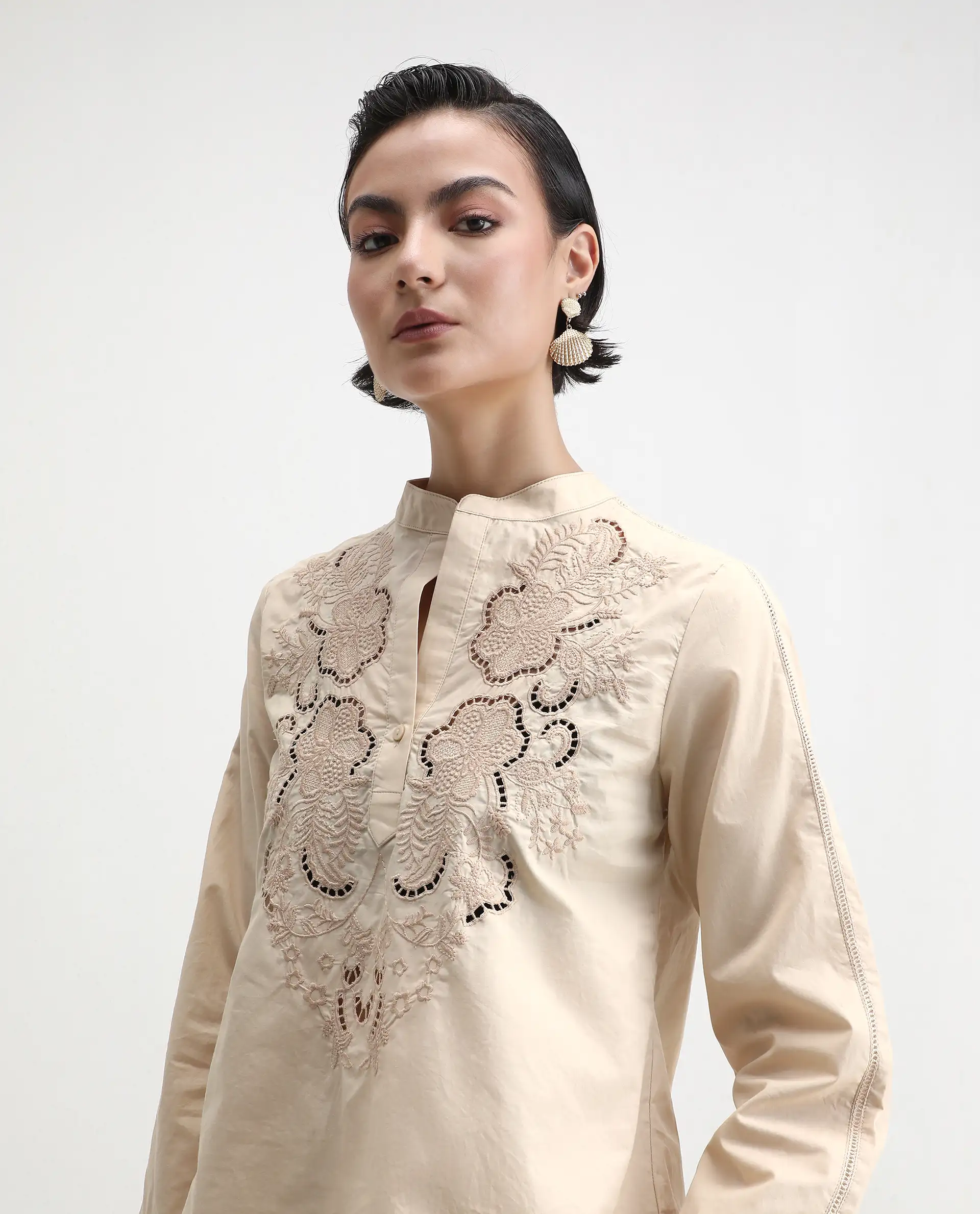 Rareism Women's Nucut-T Beige Cotton Mandarin Collar Regular Fit Top - Image 5