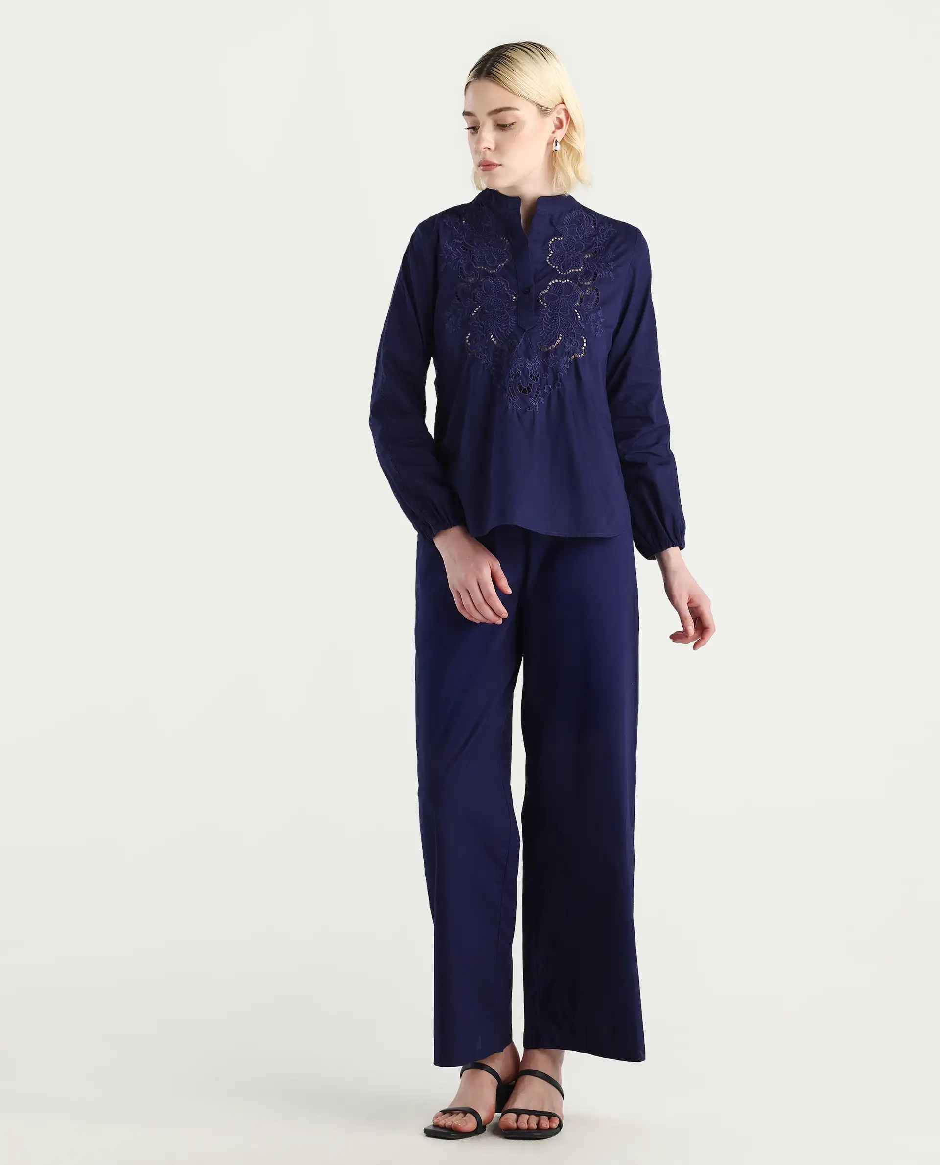 Rareism Women's Nucut-T Navy Cotton Bishop Sleeve Mandarin Collar Regular Fit Plain Top - Image 2