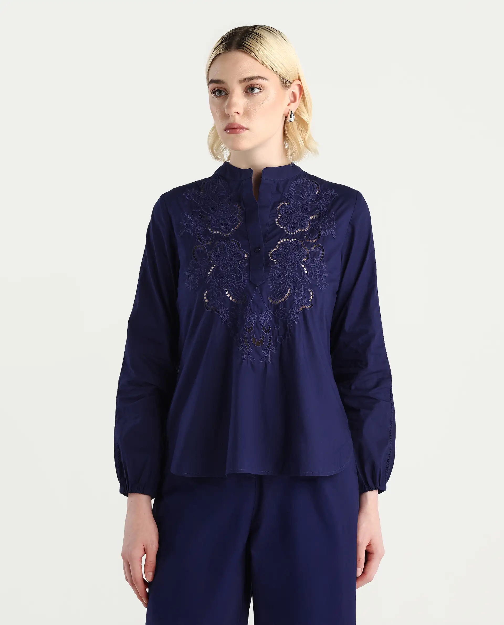 Rareism Women's Nucut-T Navy Cotton Bishop Sleeve Mandarin Collar Regular Fit Plain Top - Image 3