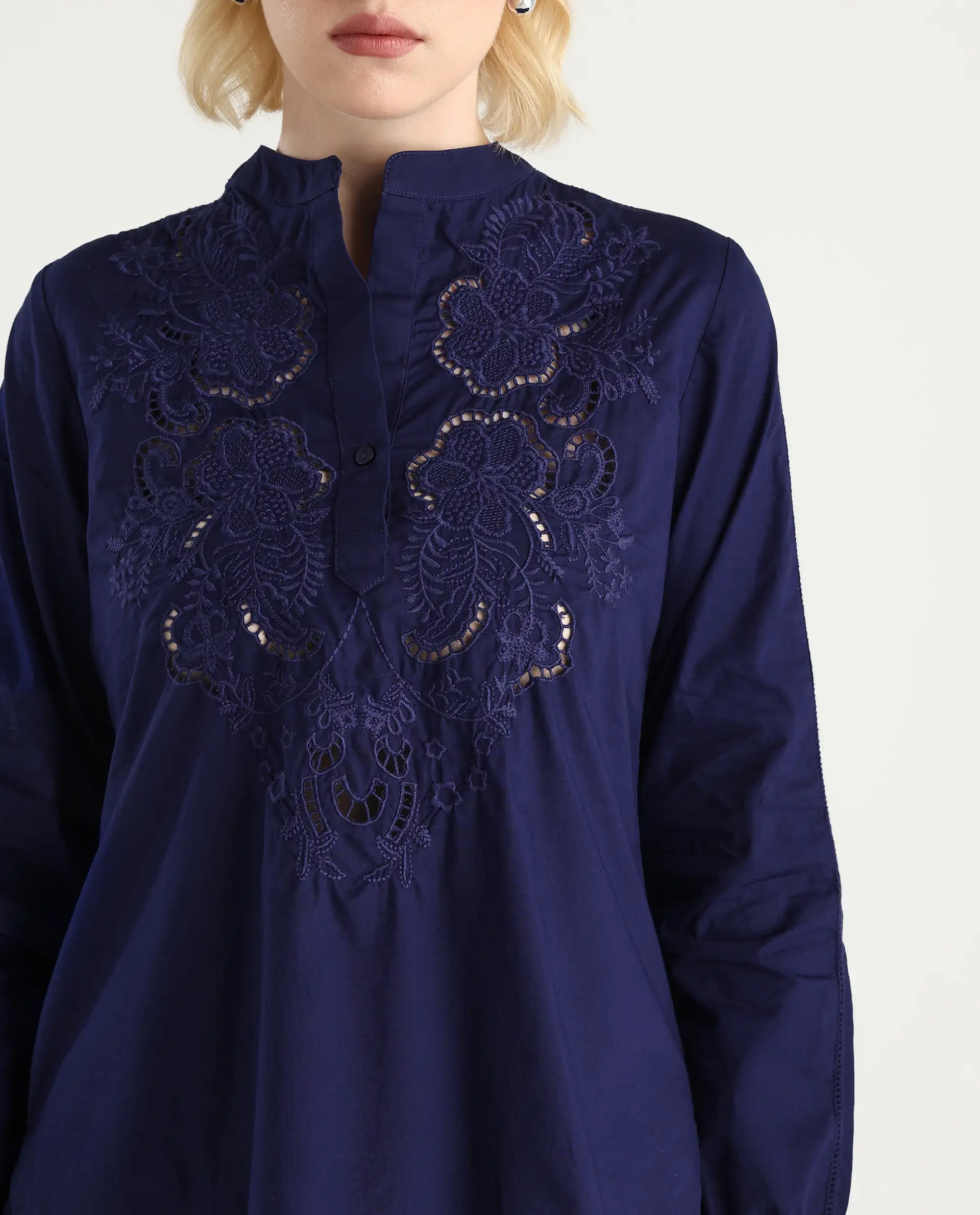 Rareism Women's Nucut-T Navy Cotton Bishop Sleeve Mandarin Collar Regular Fit Plain Top - Image 4
