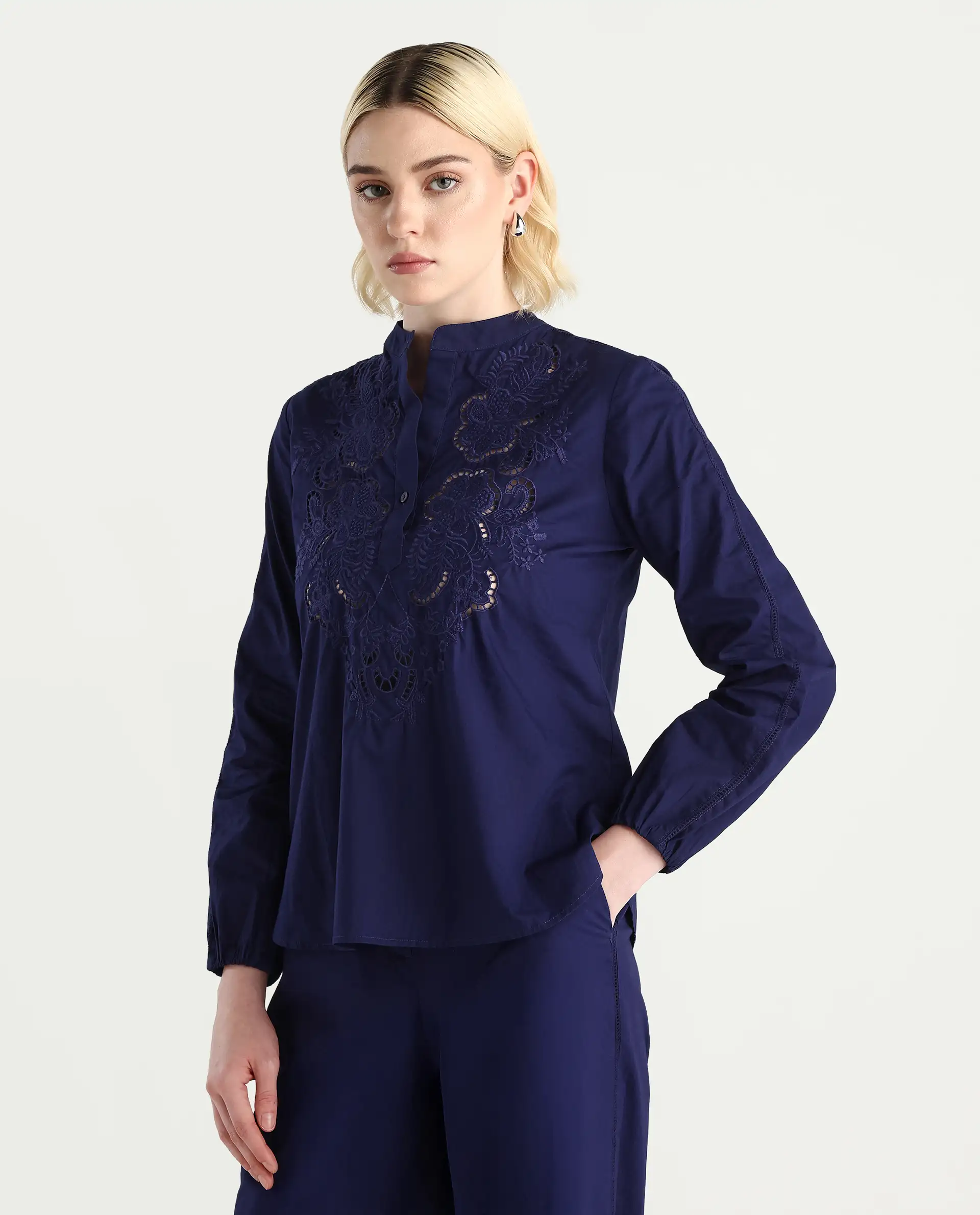 Rareism Women's Nucut-T Navy Cotton Bishop Sleeve Mandarin Collar Regular Fit Plain Top - Image 5
