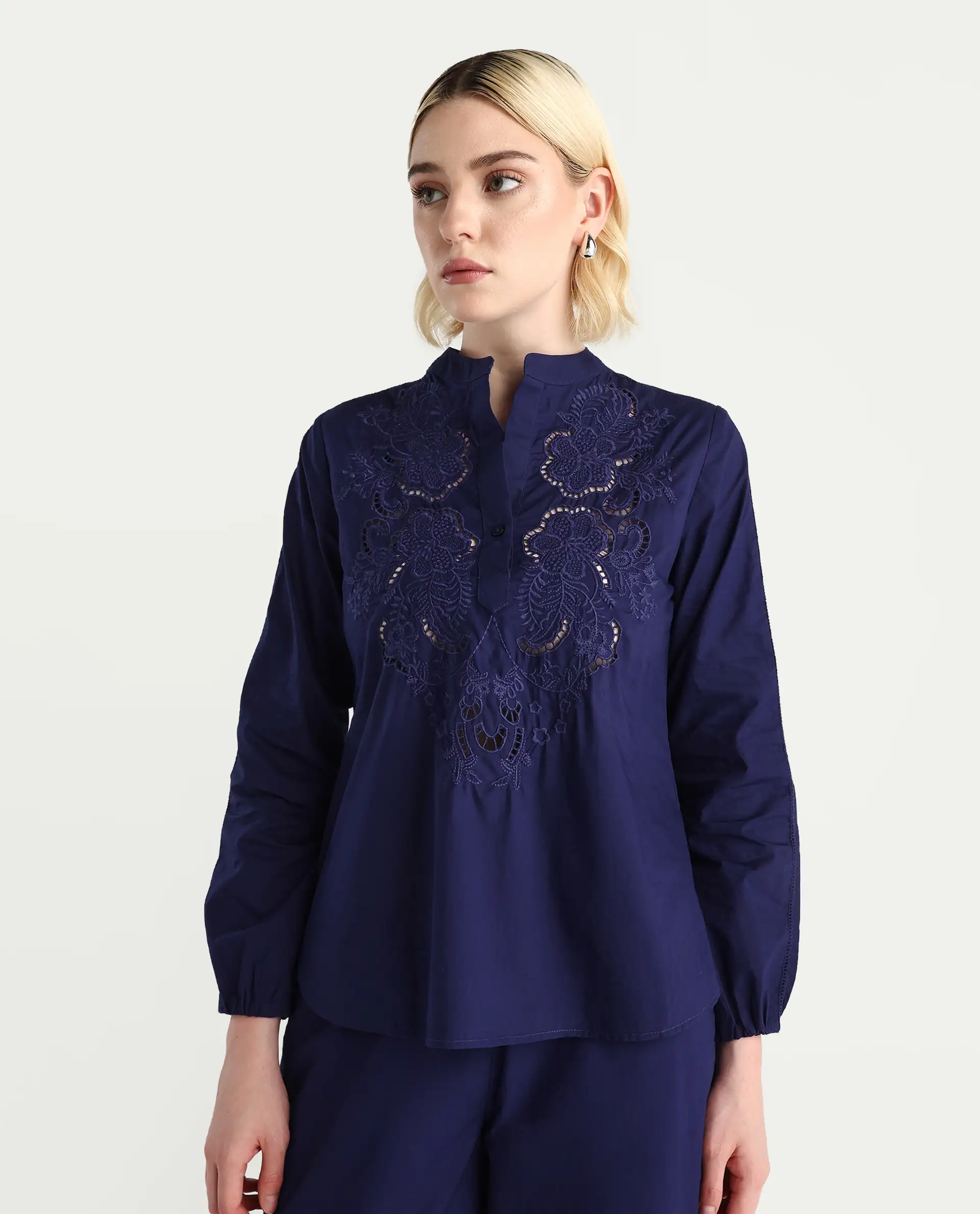 Rareism Women's Nucut-T Navy Cotton Bishop Sleeve Mandarin Collar Regular Fit Plain Top - Image 6