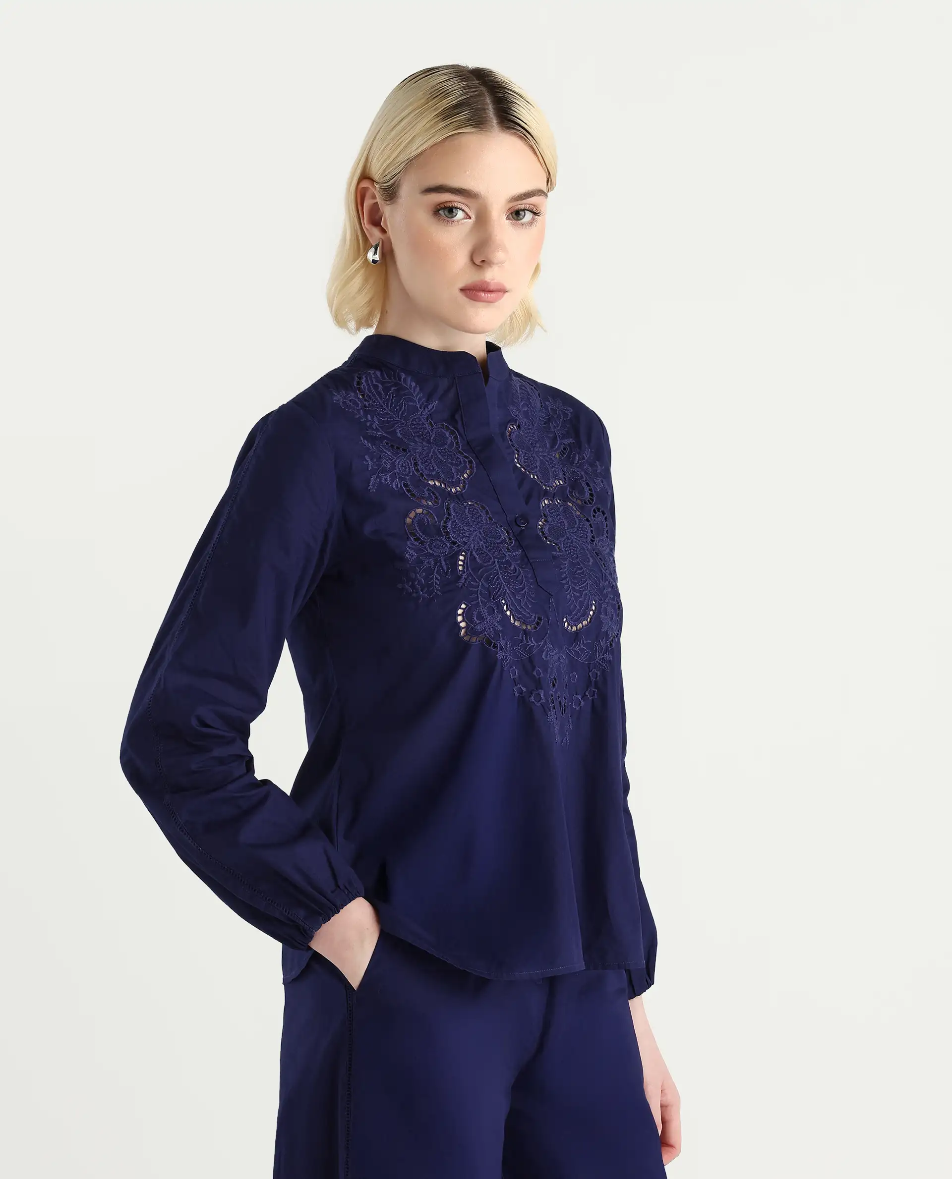 Rareism Women's Nucut-T Navy Cotton Bishop Sleeve Mandarin Collar Regular Fit Plain Top - Image 7