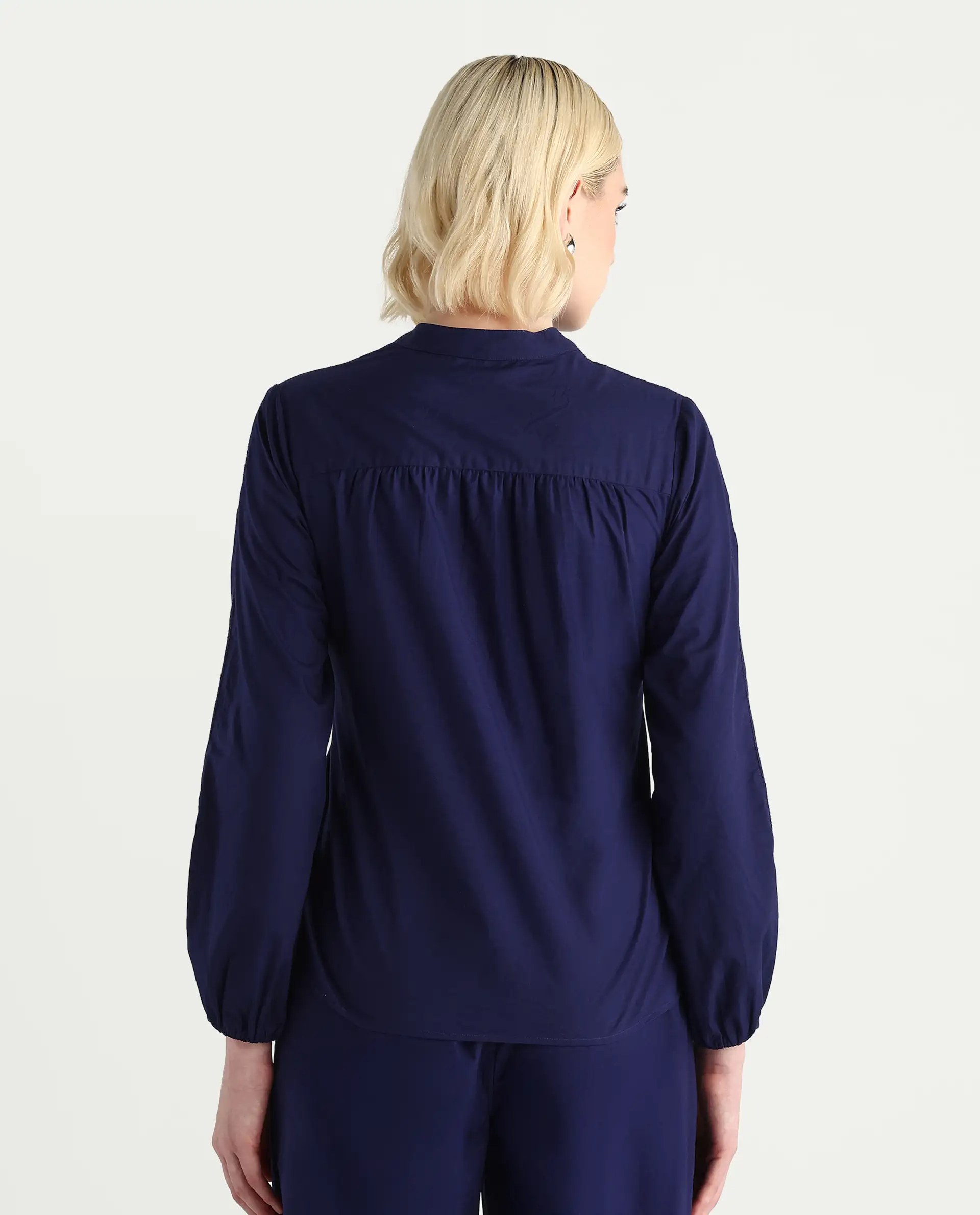 Rareism Women's Nucut-T Navy Cotton Bishop Sleeve Mandarin Collar Regular Fit Plain Top - Image 8