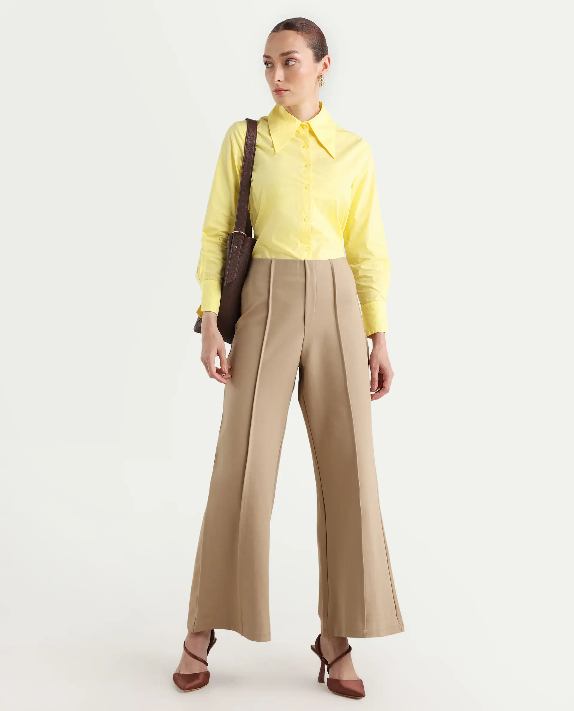 Rareism Women's Nuda Yellow Cotton Spread Collar Plain Regular Fit Top - Image 3