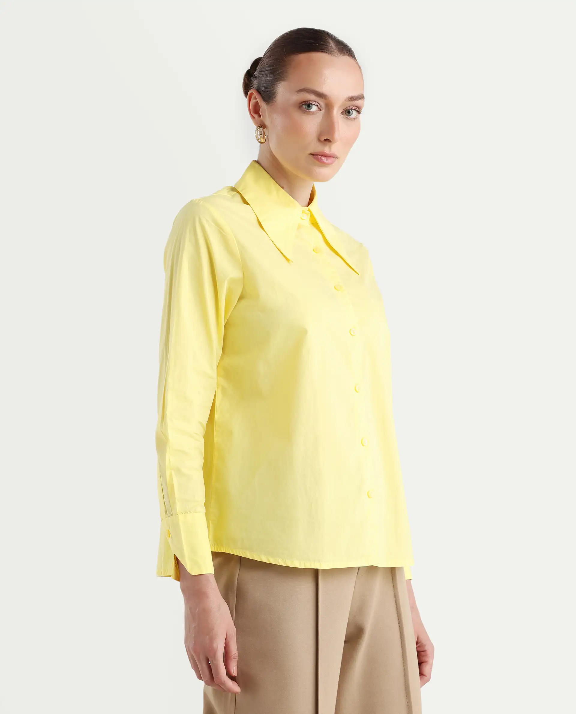 Rareism Women's Nuda Yellow Cotton Spread Collar Plain Regular Fit Top - Image 6