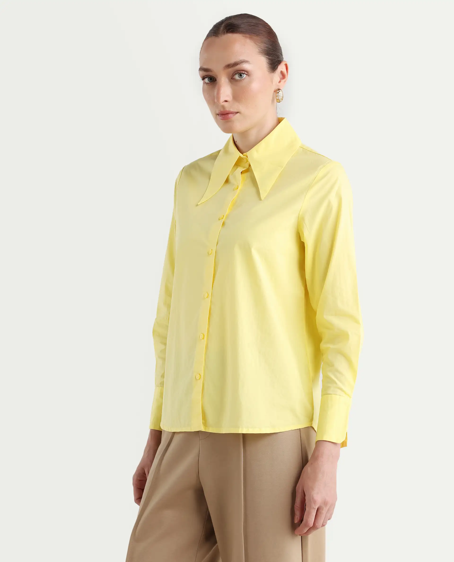 Rareism Women's Nuda Yellow Cotton Spread Collar Plain Regular Fit Top - Image 7