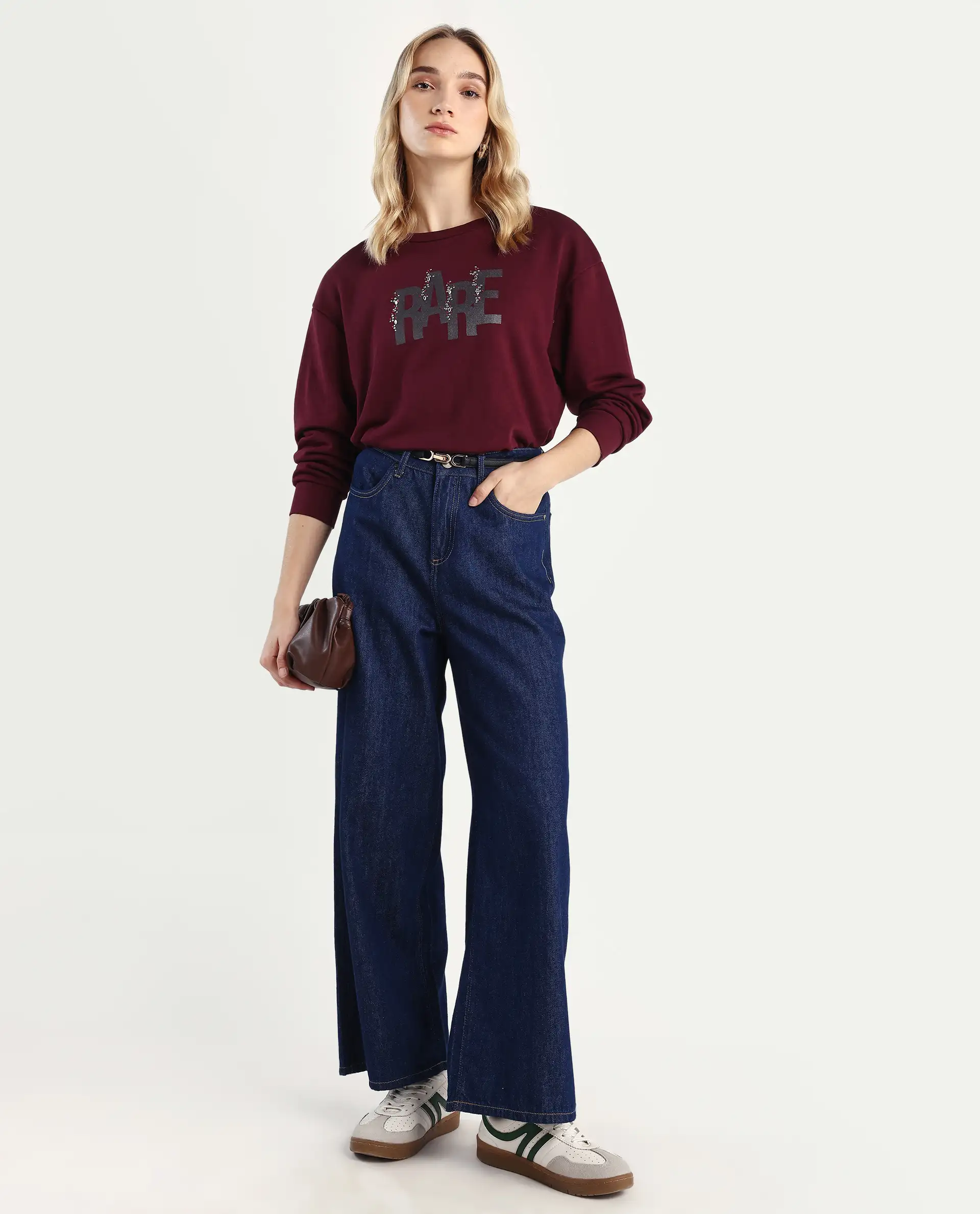 Rareism Women's Nudge Dark Maroon Cotton Blend Crew Neck Graphic Print Relaxed Fit Sweatshirt - Image 2