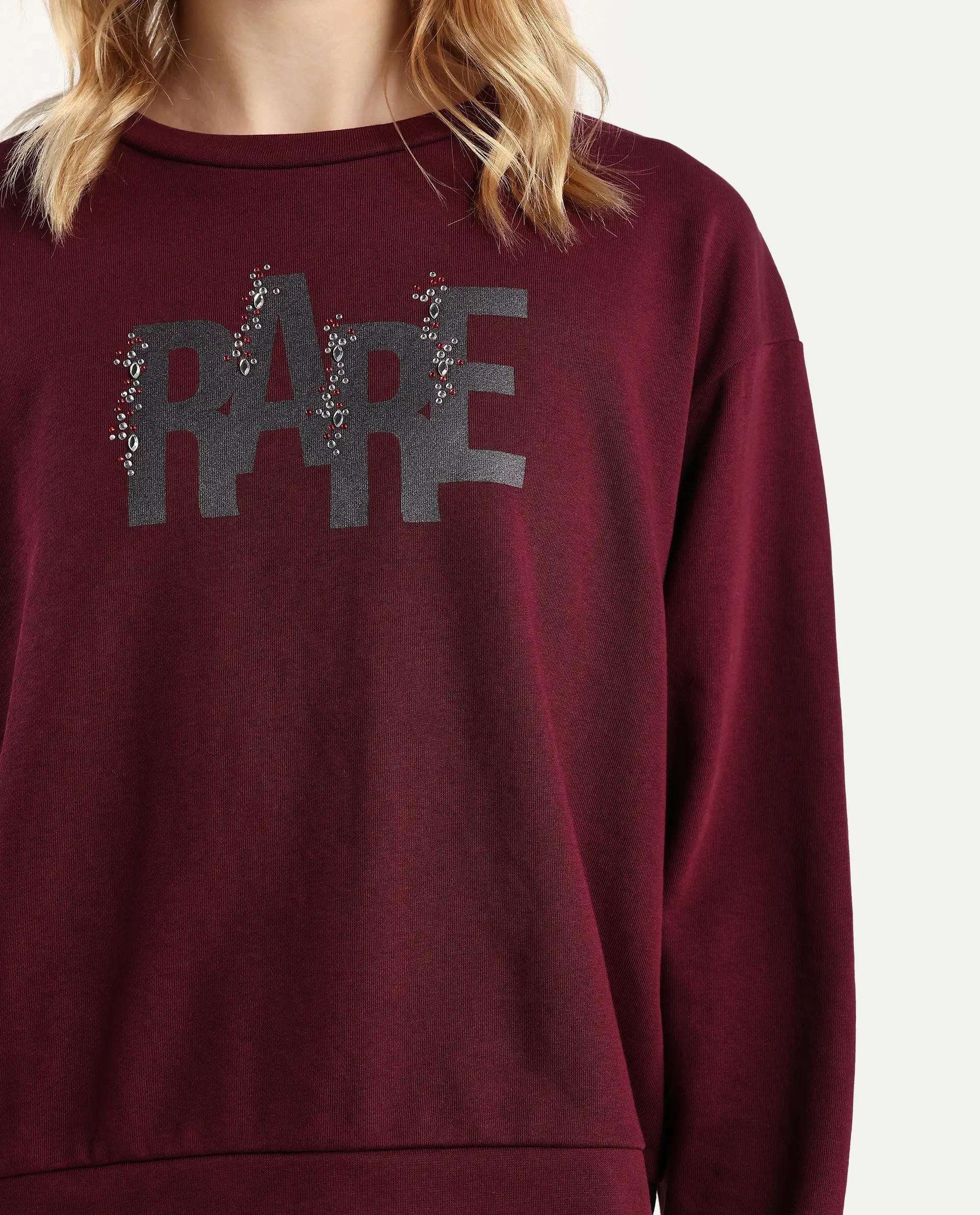 Rareism Women's Nudge Dark Maroon Cotton Blend Crew Neck Graphic Print Relaxed Fit Sweatshirt - Image 3