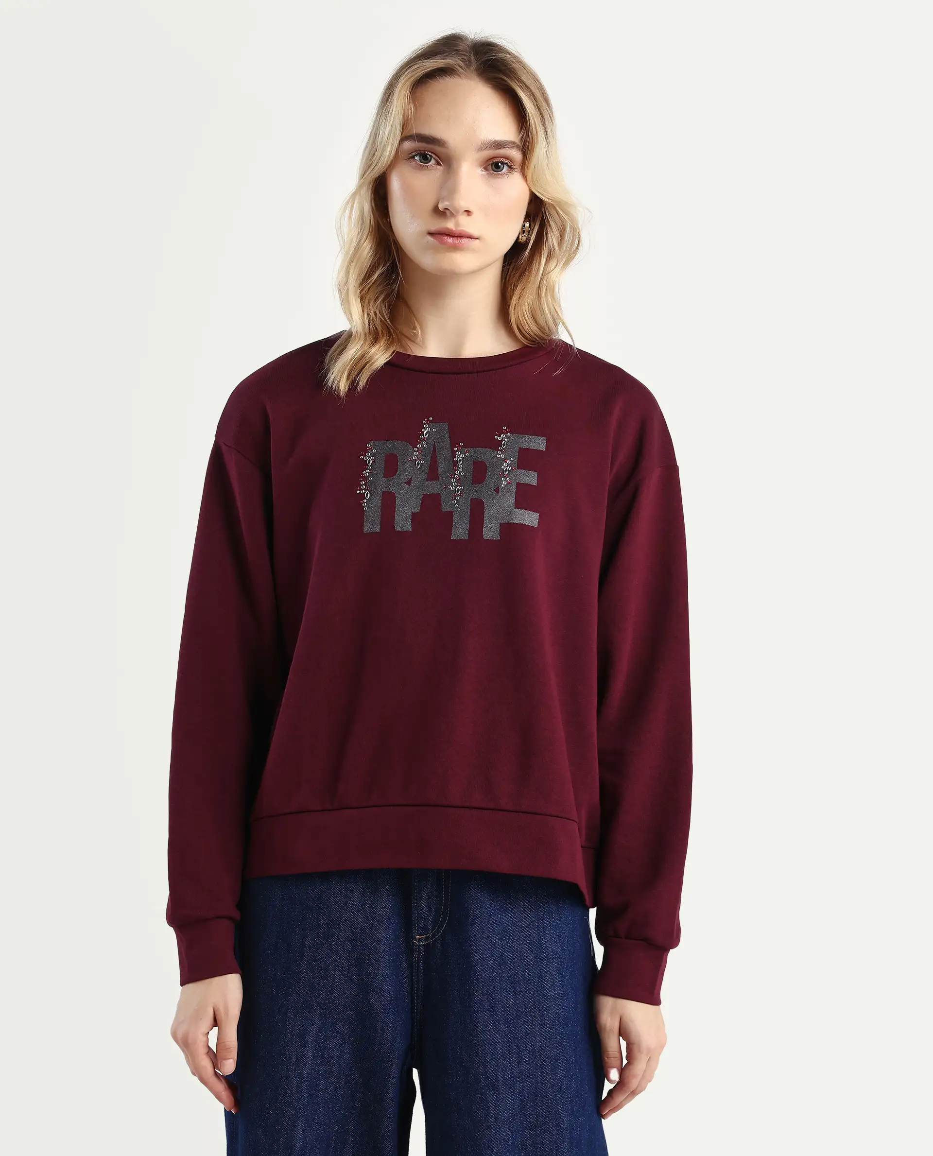 Rareism Women's Nudge Dark Maroon Cotton Blend Crew Neck Graphic Print Relaxed Fit Sweatshirt - Image 4