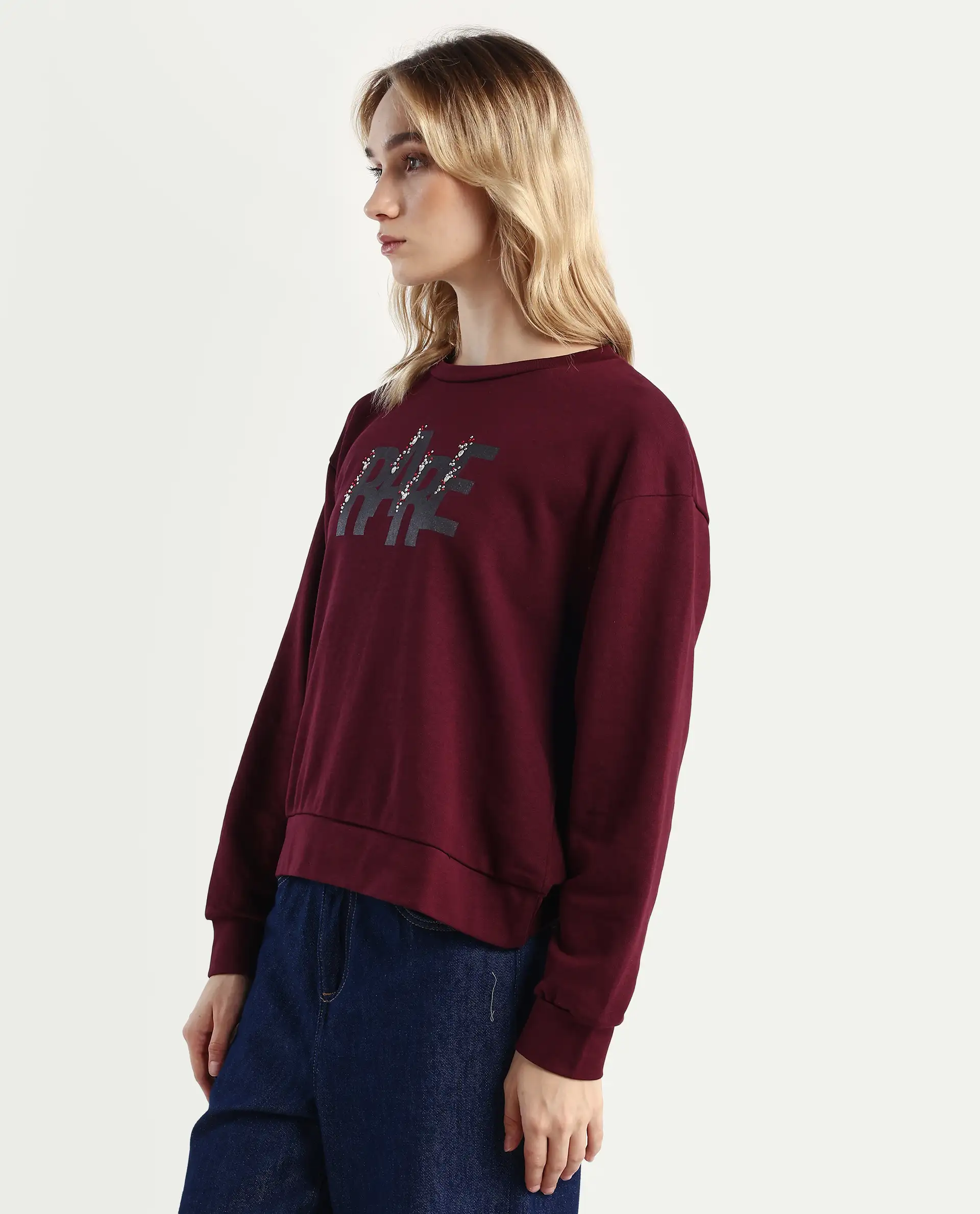 Rareism Women's Nudge Dark Maroon Cotton Blend Crew Neck Graphic Print Relaxed Fit Sweatshirt - Image 5