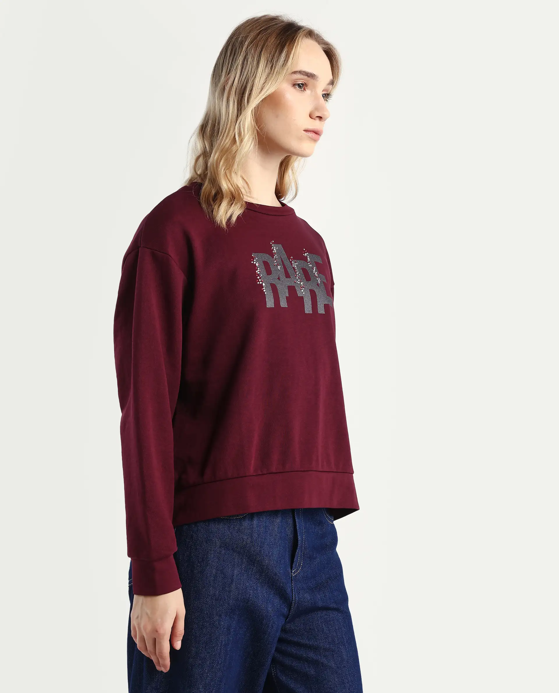 Rareism Women's Nudge Dark Maroon Cotton Blend Crew Neck Graphic Print Relaxed Fit Sweatshirt - Image 6