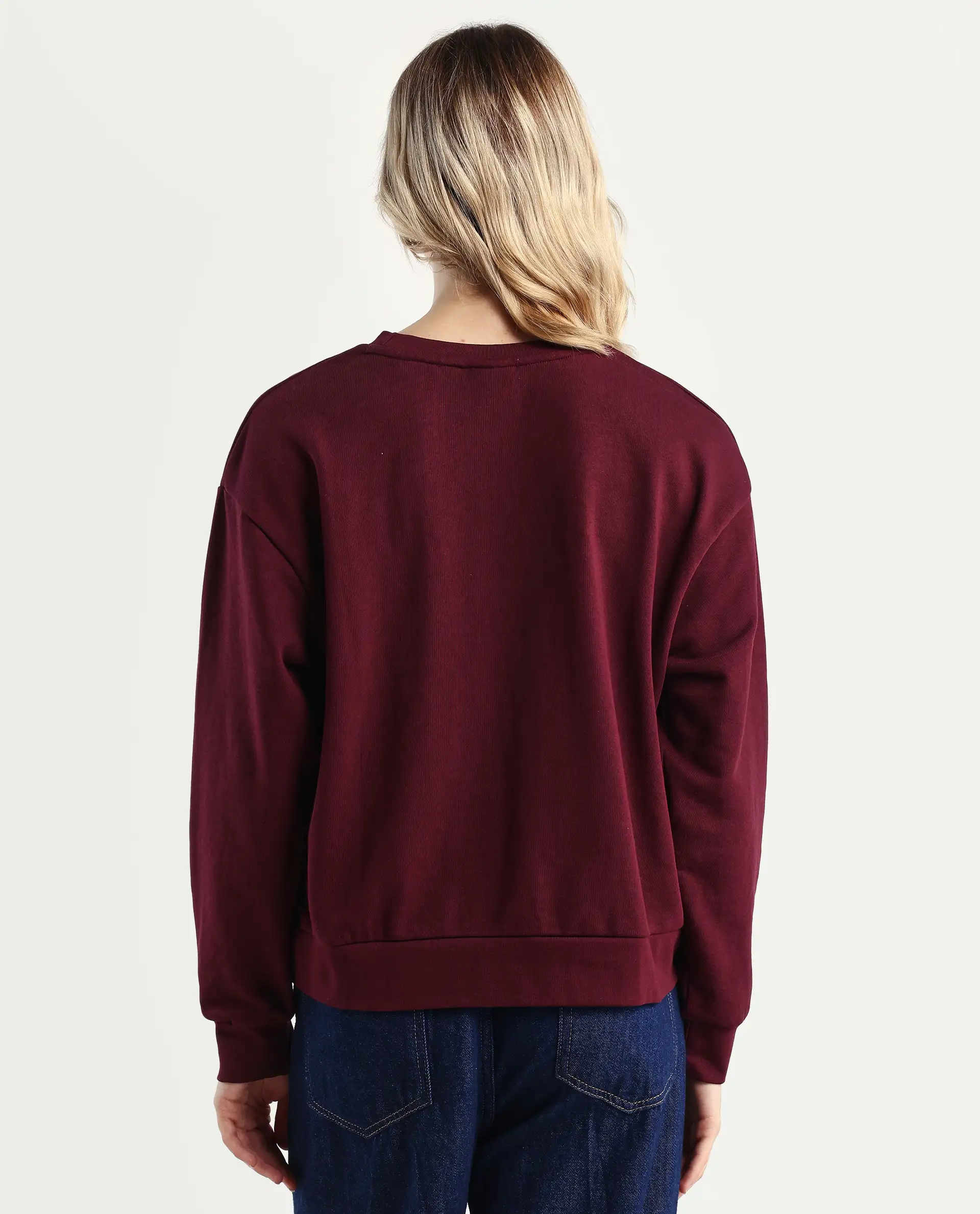 Rareism Women's Nudge Dark Maroon Cotton Blend Crew Neck Graphic Print Relaxed Fit Sweatshirt - Image 7