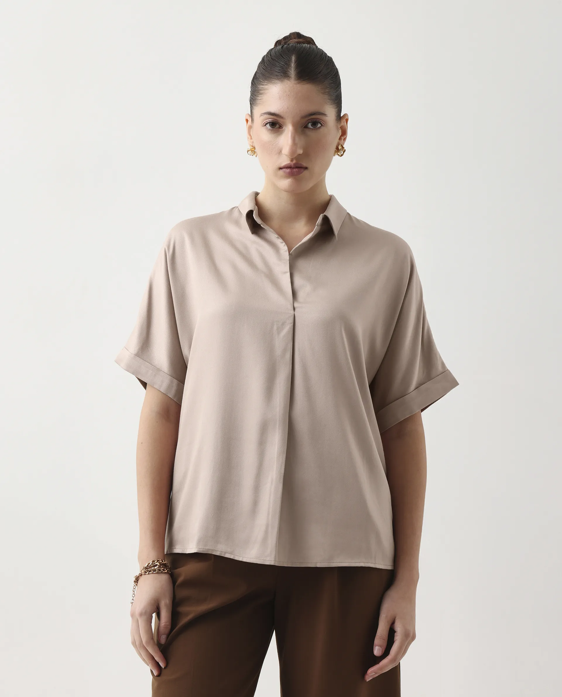 Rareism Women's Nudim Beige Viscose Extended Sleeves Jonny Collar Boxy Fit Plain Top - Image 2