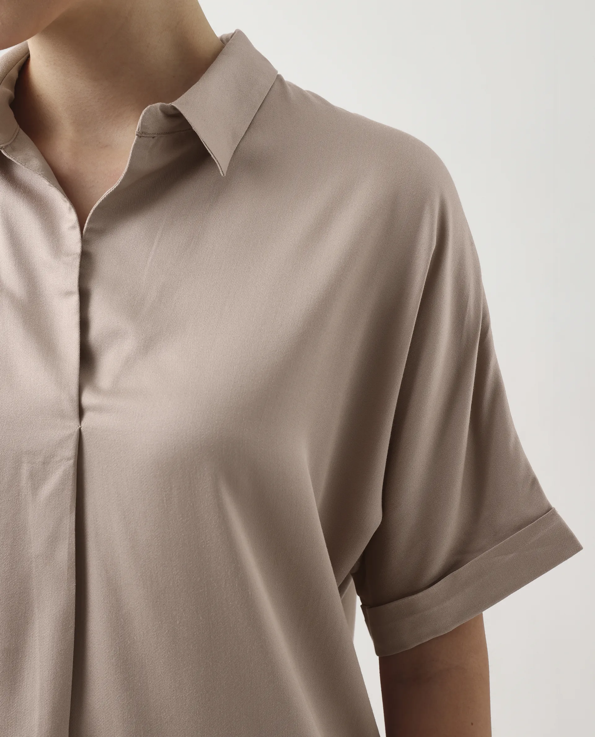 Rareism Women's Nudim Beige Viscose Extended Sleeves Jonny Collar Boxy Fit Plain Top - Image 3