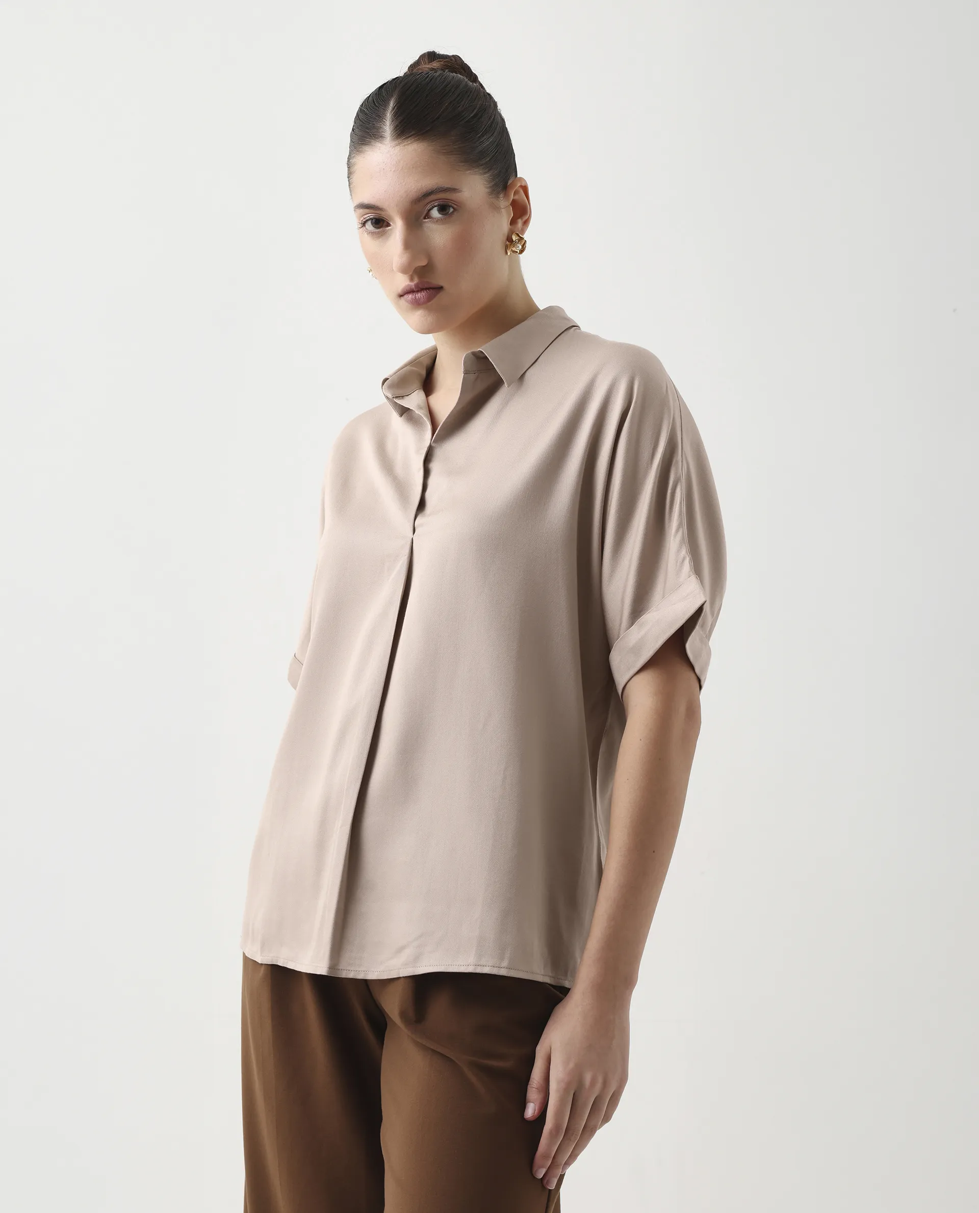 Rareism Women's Nudim Beige Viscose Extended Sleeves Jonny Collar Boxy Fit Plain Top - Image 4