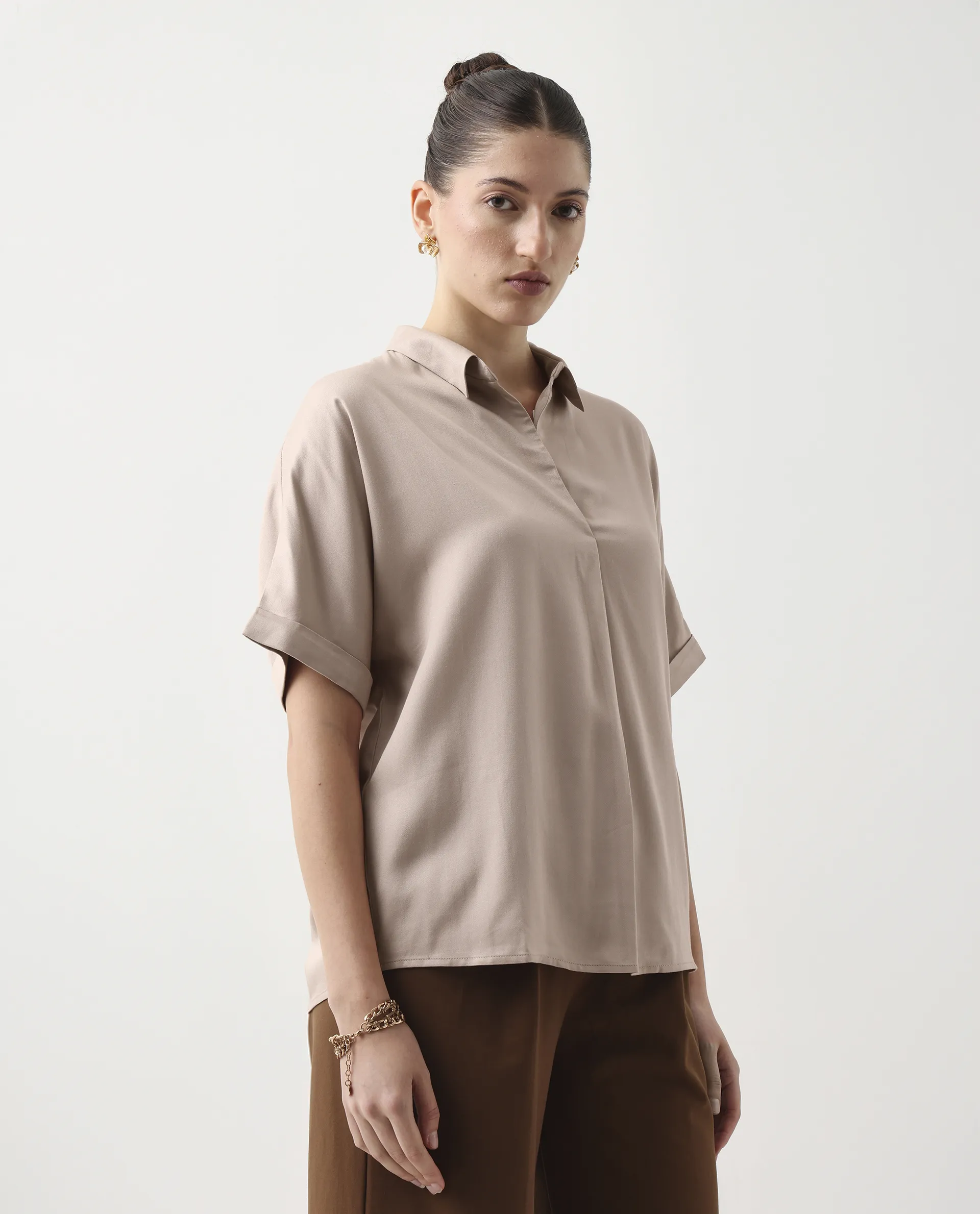 Rareism Women's Nudim Beige Viscose Extended Sleeves Jonny Collar Boxy Fit Plain Top - Image 5