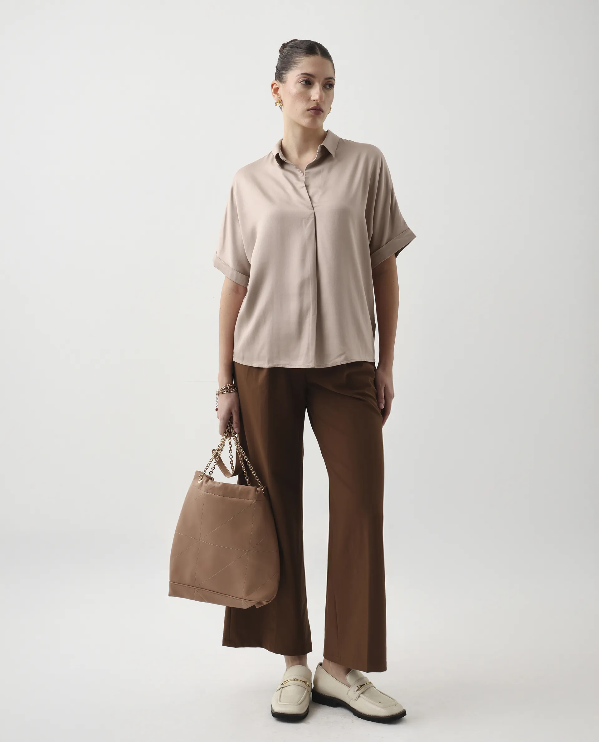 Rareism Women's Nudim Beige Viscose Extended Sleeves Jonny Collar Boxy Fit Plain Top - Image 6
