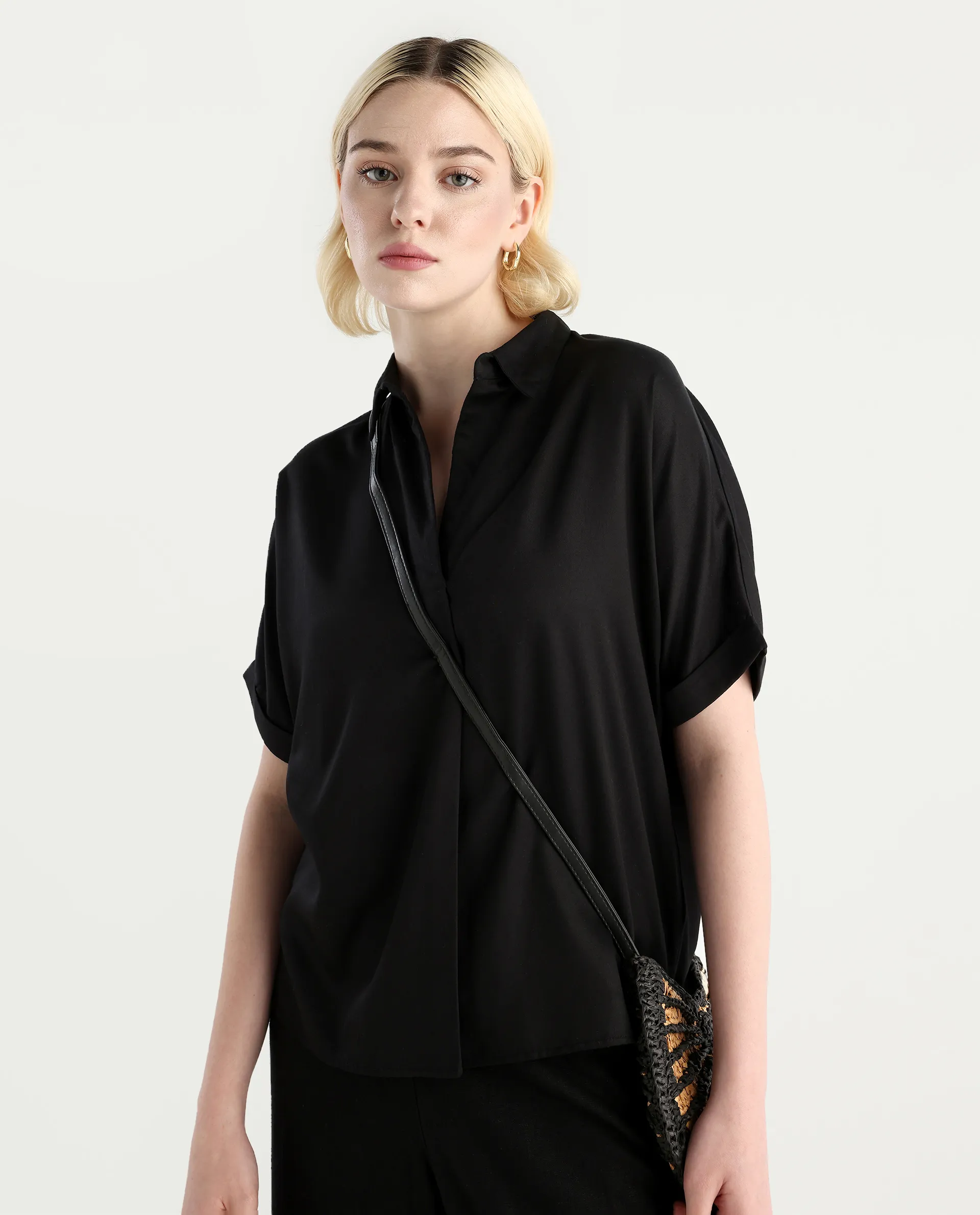 Rareism Women Nudim Black Extended Sleeves Jonny Collar Boxy Fit Plain Top