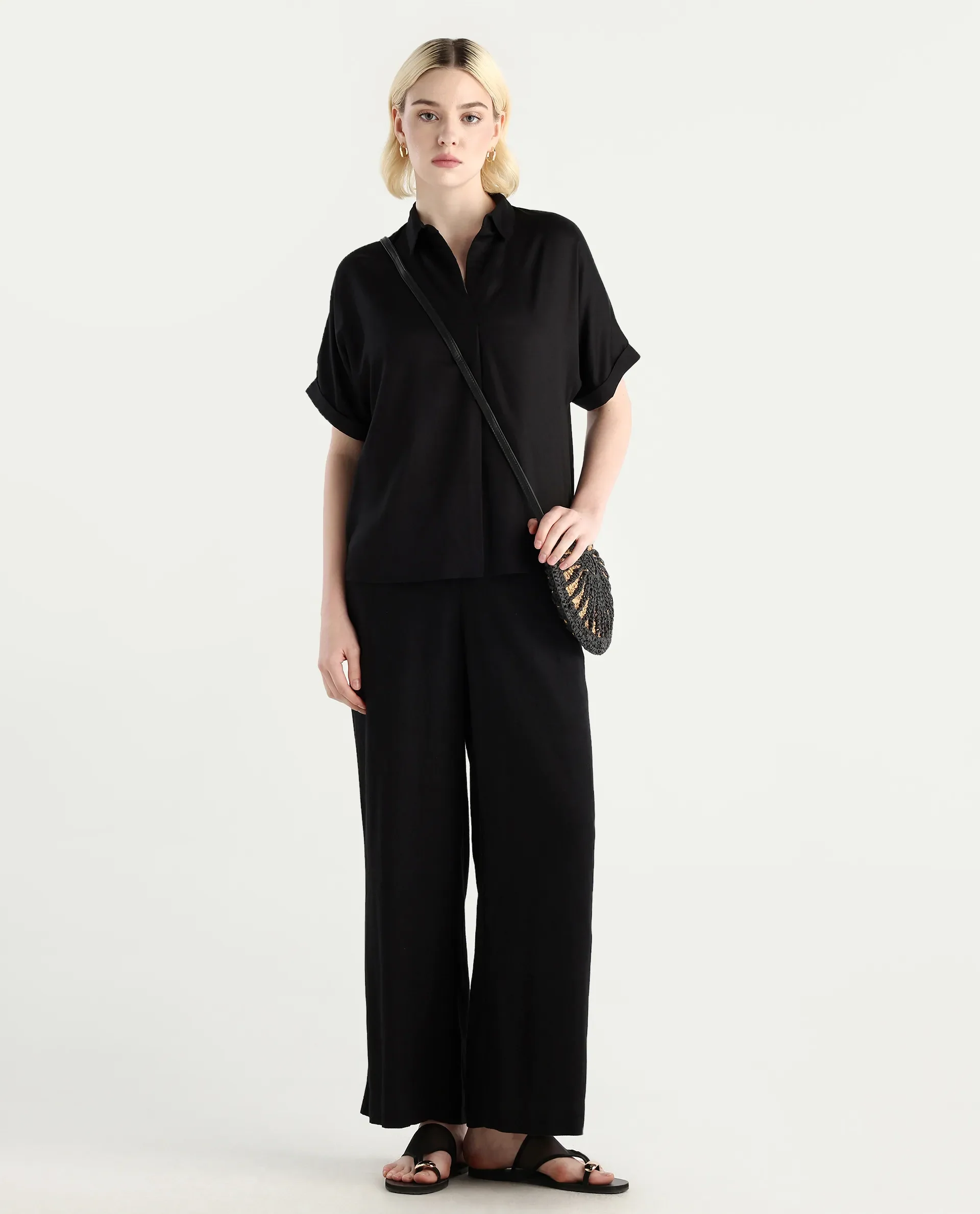 Rareism Women Nudim Black Extended Sleeves Jonny Collar Boxy Fit Plain Top - Image 2