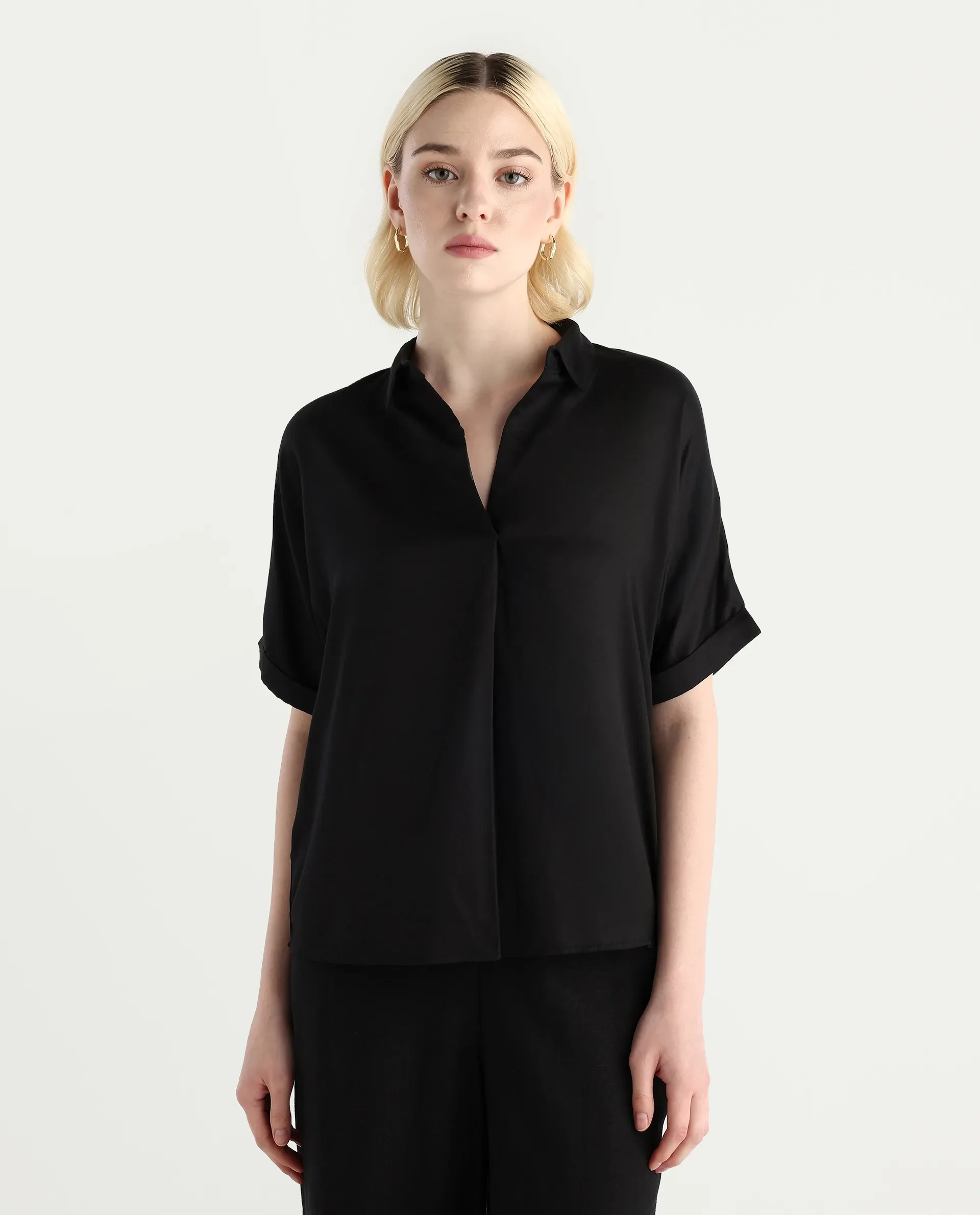 Rareism Women Nudim Black Extended Sleeves Jonny Collar Boxy Fit Plain Top - Image 3