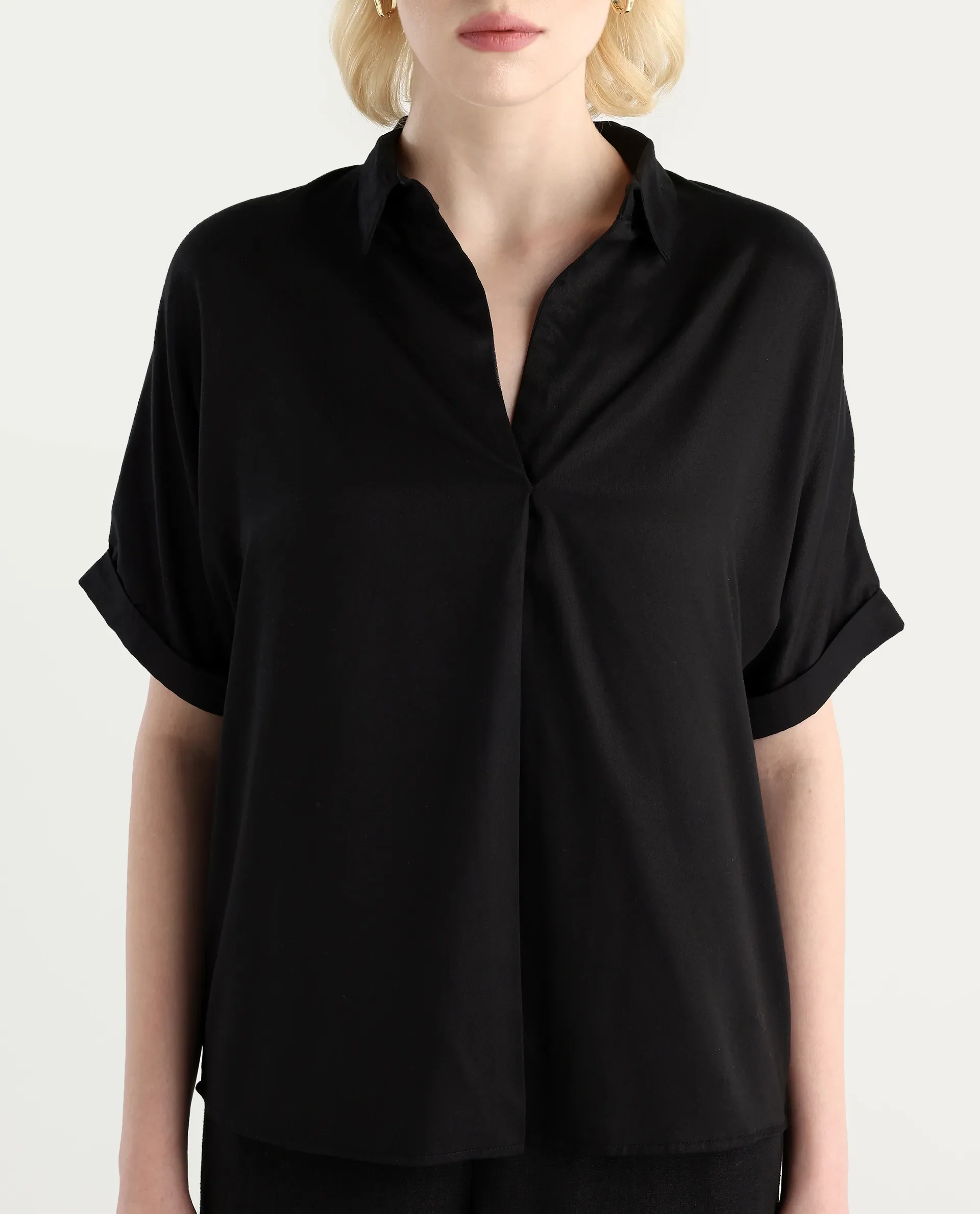 Rareism Women Nudim Black Extended Sleeves Jonny Collar Boxy Fit Plain Top - Image 4