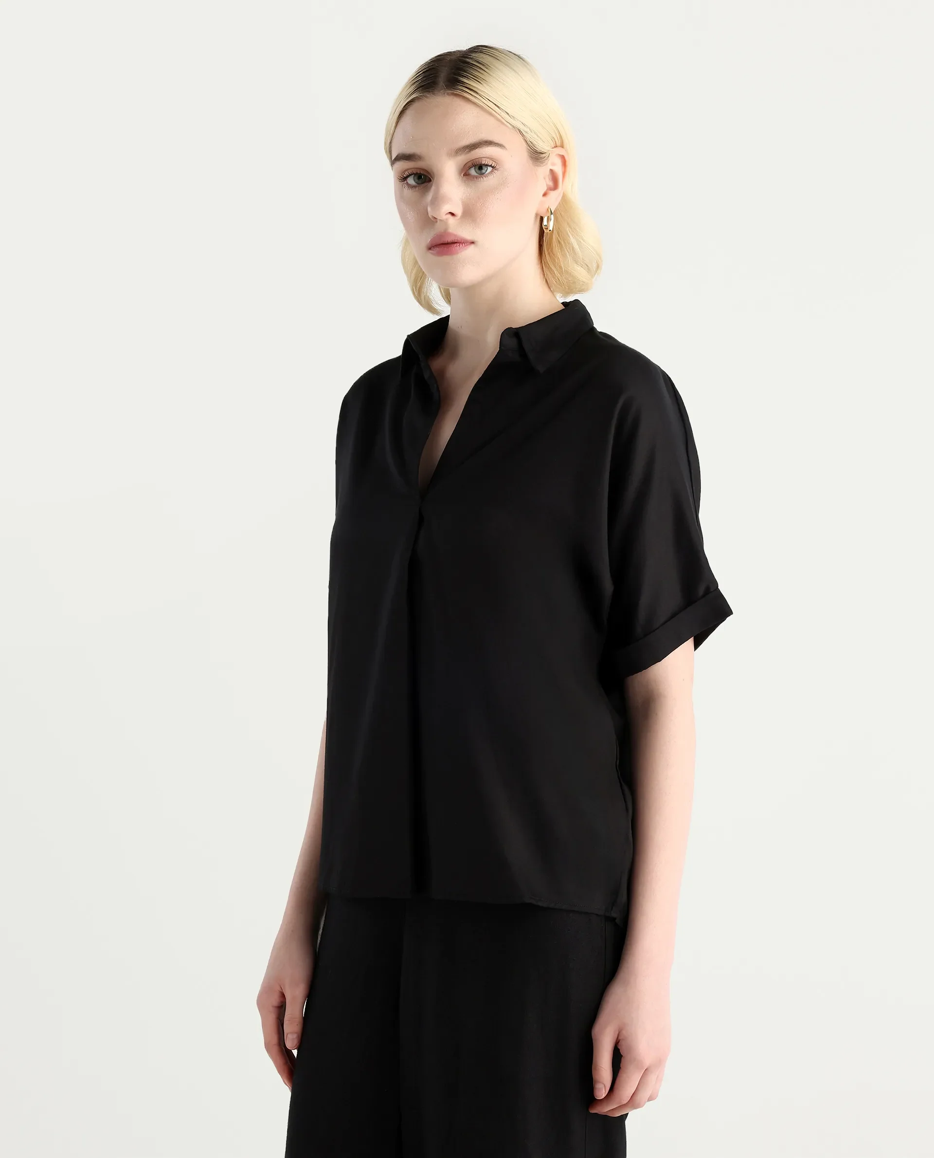 Rareism Women Nudim Black Extended Sleeves Jonny Collar Boxy Fit Plain Top - Image 5
