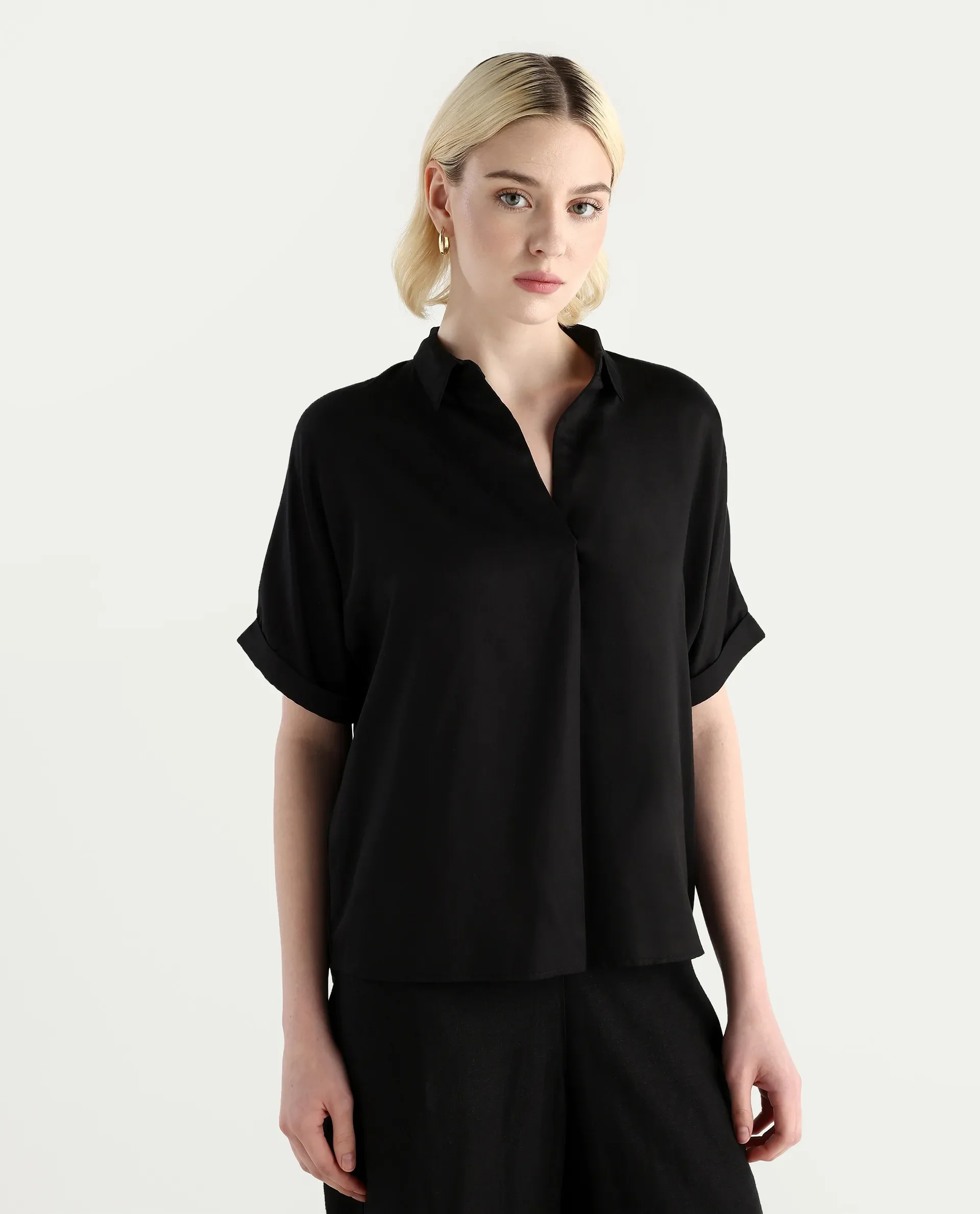 Rareism Women Nudim Black Extended Sleeves Jonny Collar Boxy Fit Plain Top - Image 6