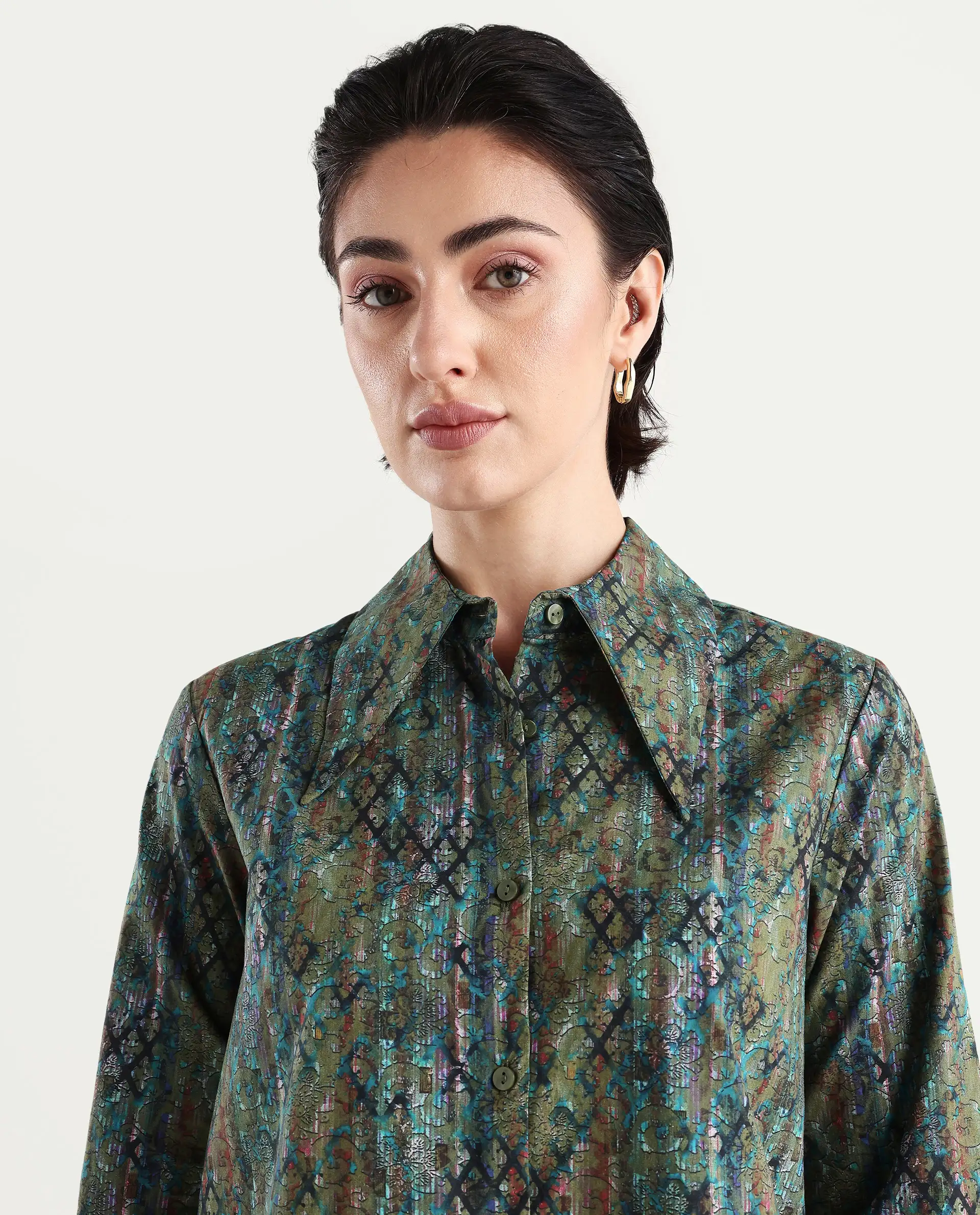 Rareism Women's Nudo Multi Cotton Spread Collar Abstract Print Regular Fit Top - Image 3