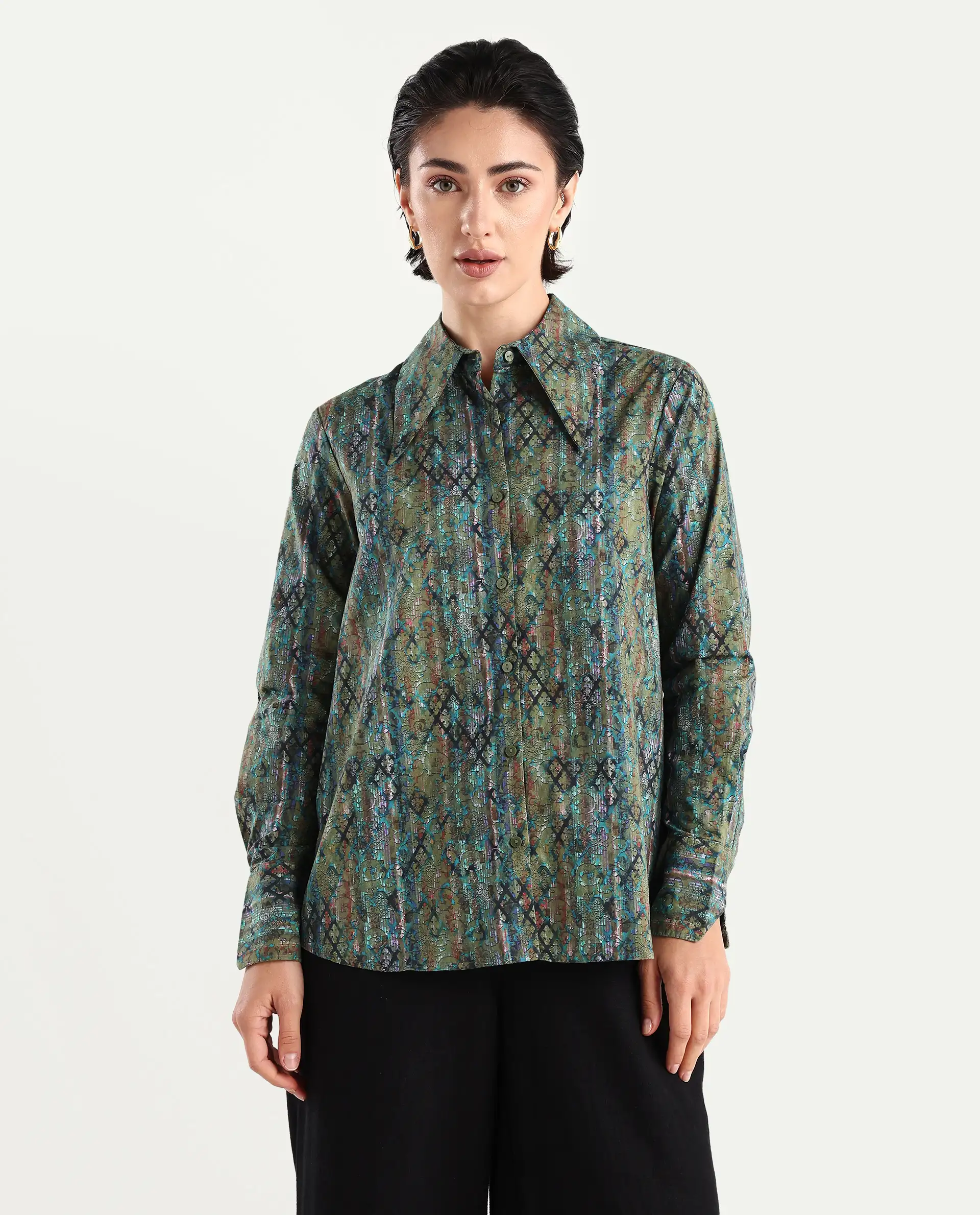 Rareism Women's Nudo Multi Cotton Spread Collar Abstract Print Regular Fit Top - Image 4