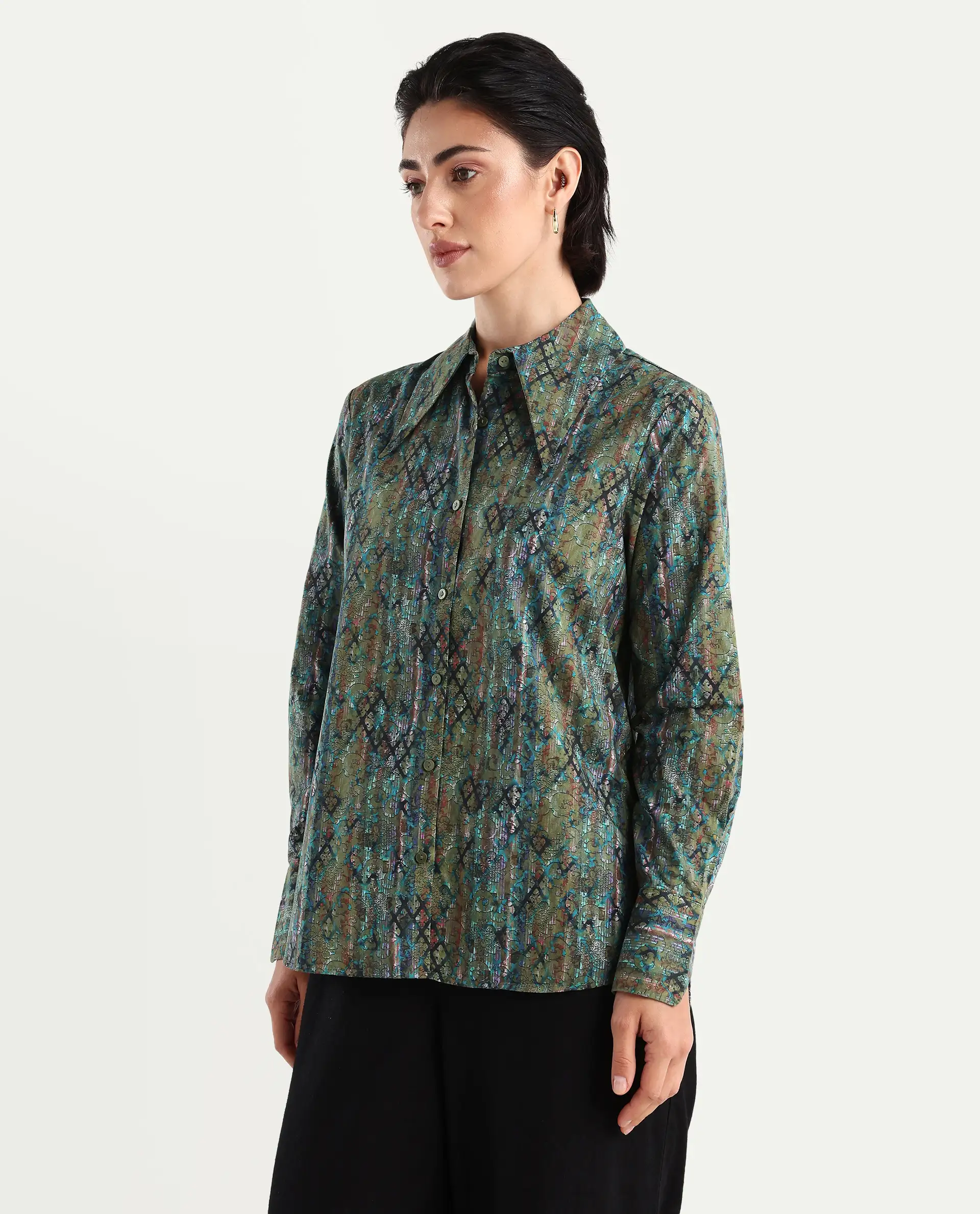 Rareism Women's Nudo Multi Cotton Spread Collar Abstract Print Regular Fit Top - Image 5
