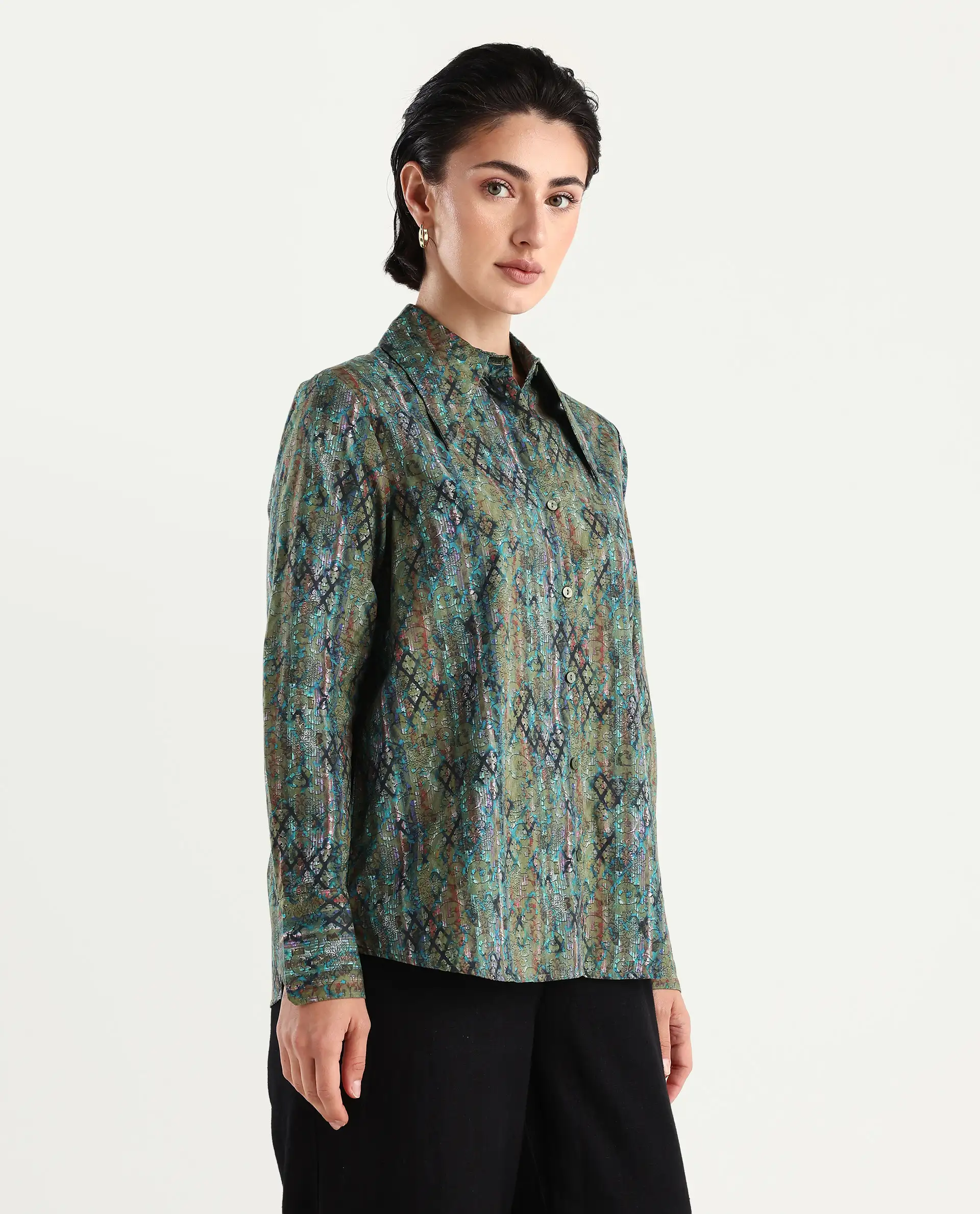 Rareism Women's Nudo Multi Cotton Spread Collar Abstract Print Regular Fit Top - Image 6