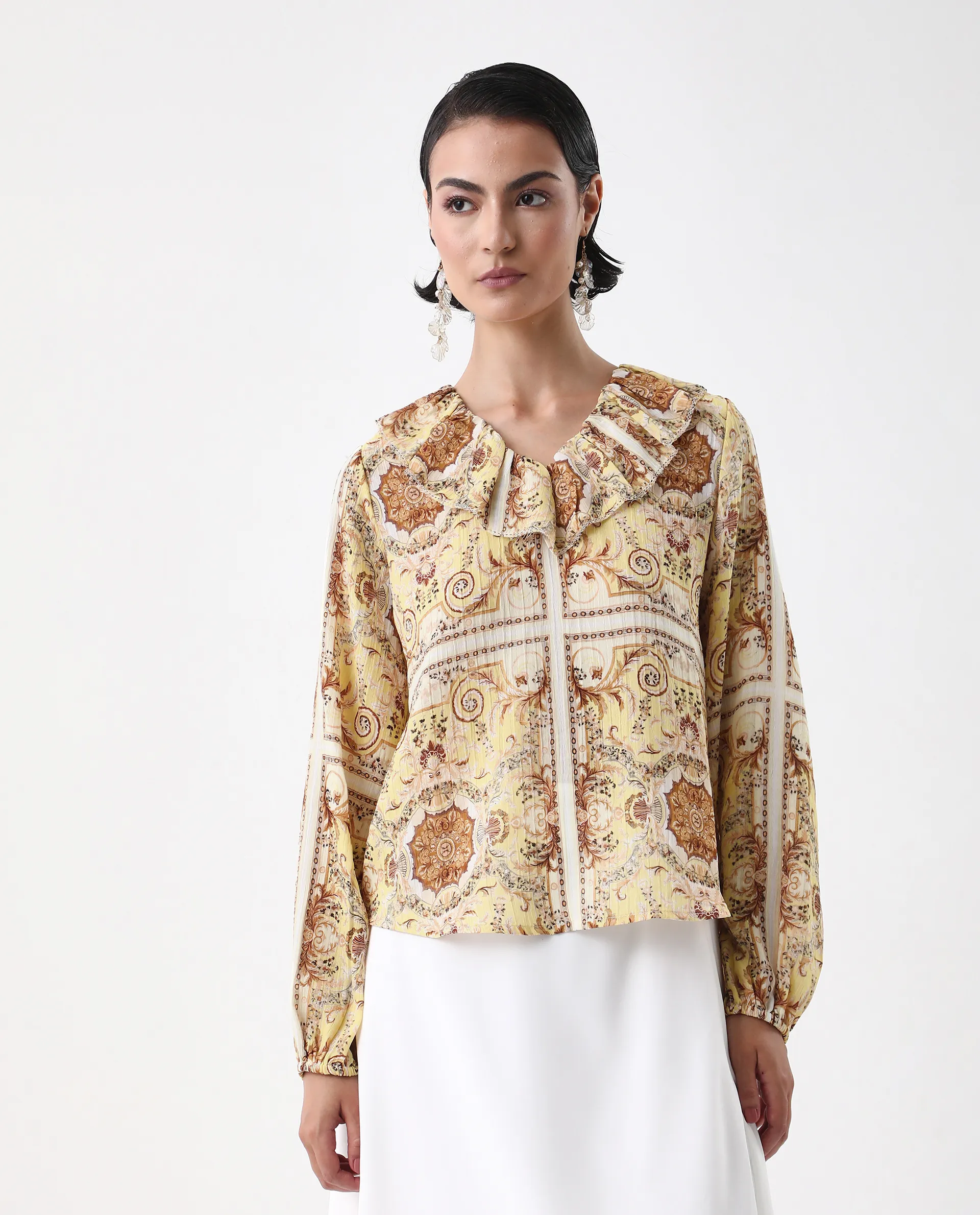 Rareism Women's Nueson Yellow Polyester Ruffled Neck Regular Fit Top - Image 2