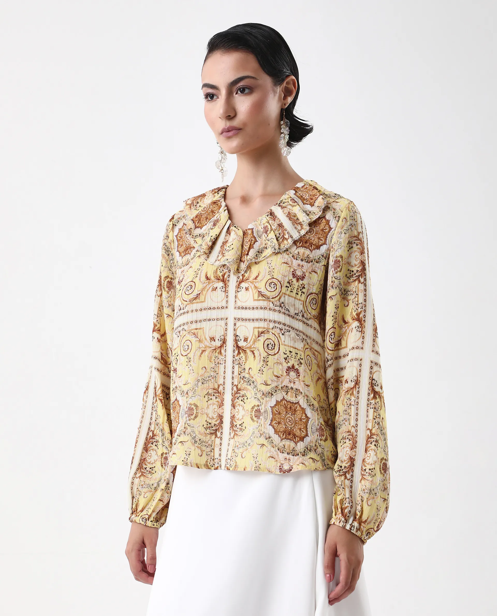 Rareism Women's Nueson Yellow Polyester Ruffled Neck Regular Fit Top - Image 4