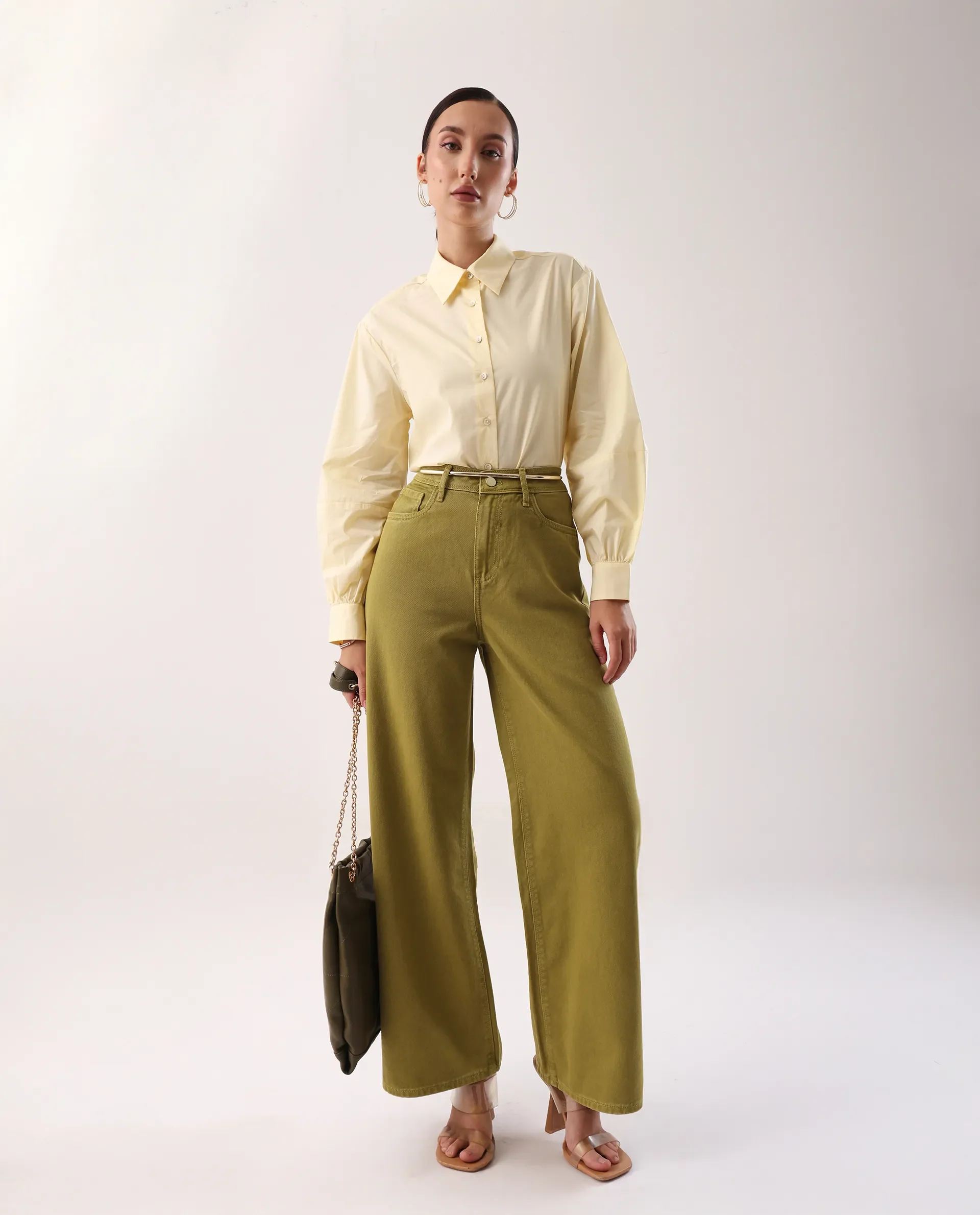 Rareism Women's Nufes B Olive Cotton Wide Ankle Length Plain Trouser