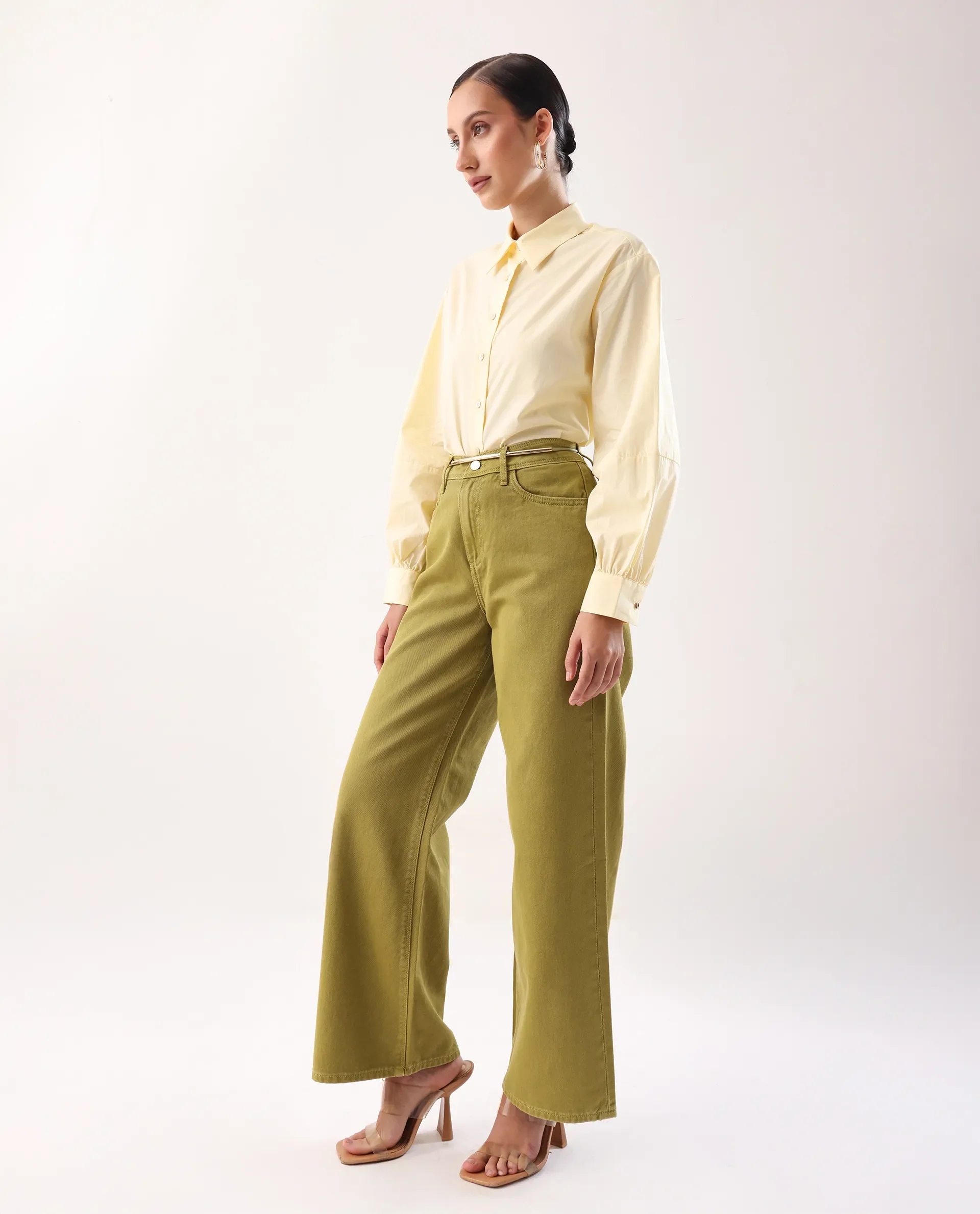 Rareism Women's Nufes B Olive Cotton Wide Ankle Length Plain Trouser - Image 2