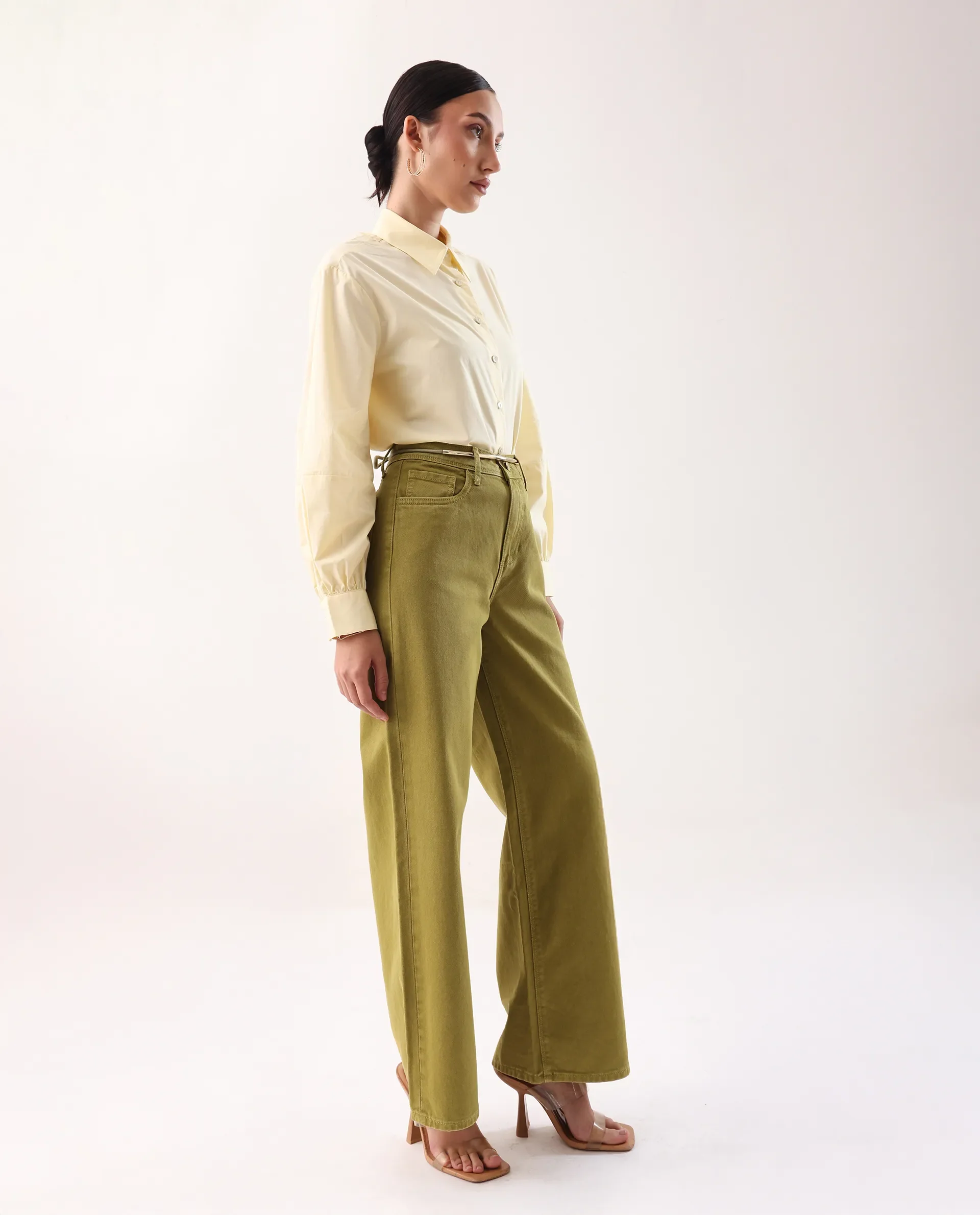 Rareism Women's Nufes B Olive Cotton Wide Ankle Length Plain Trouser - Image 3