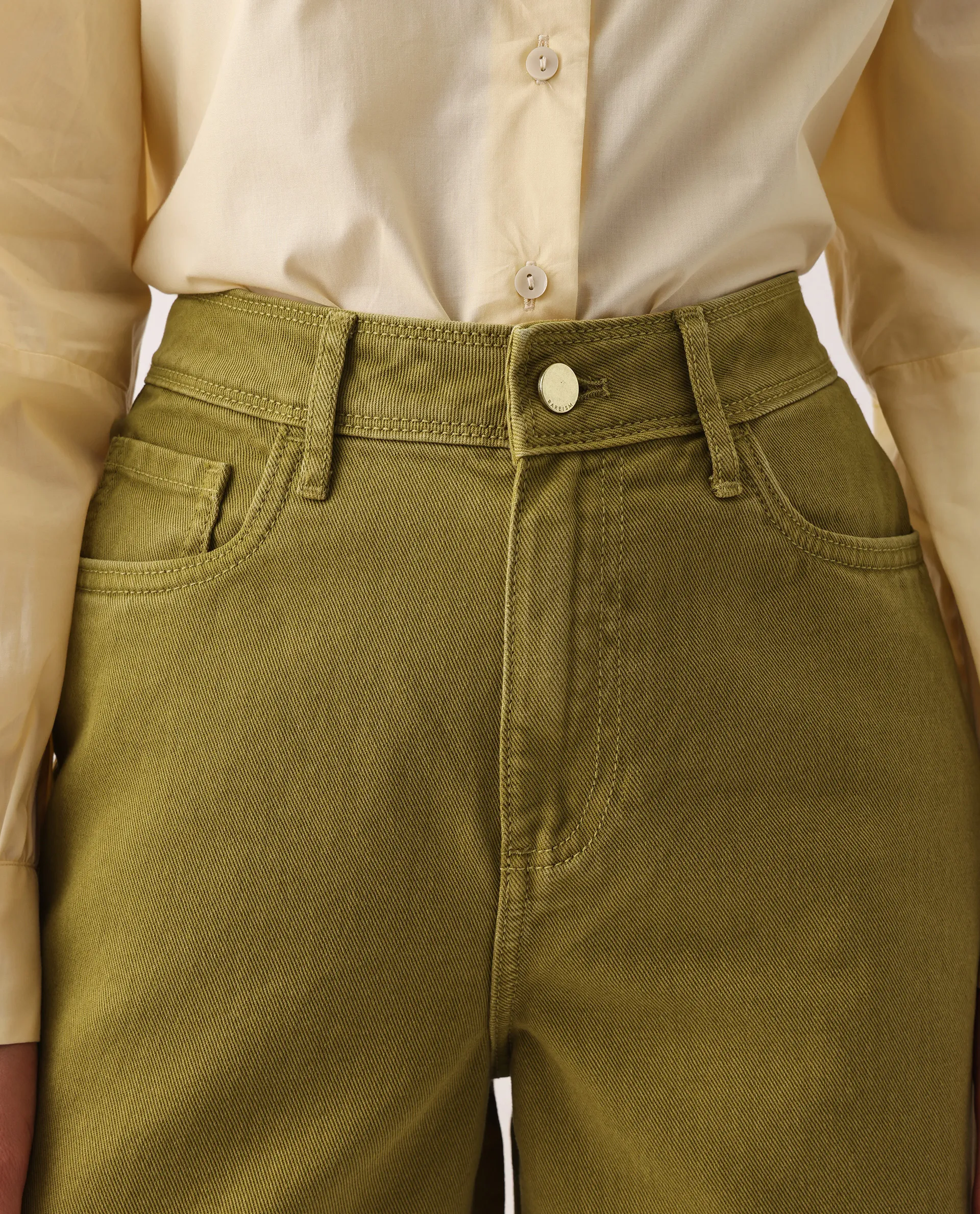 Rareism Women's Nufes B Olive Cotton Wide Ankle Length Plain Trouser - Image 4