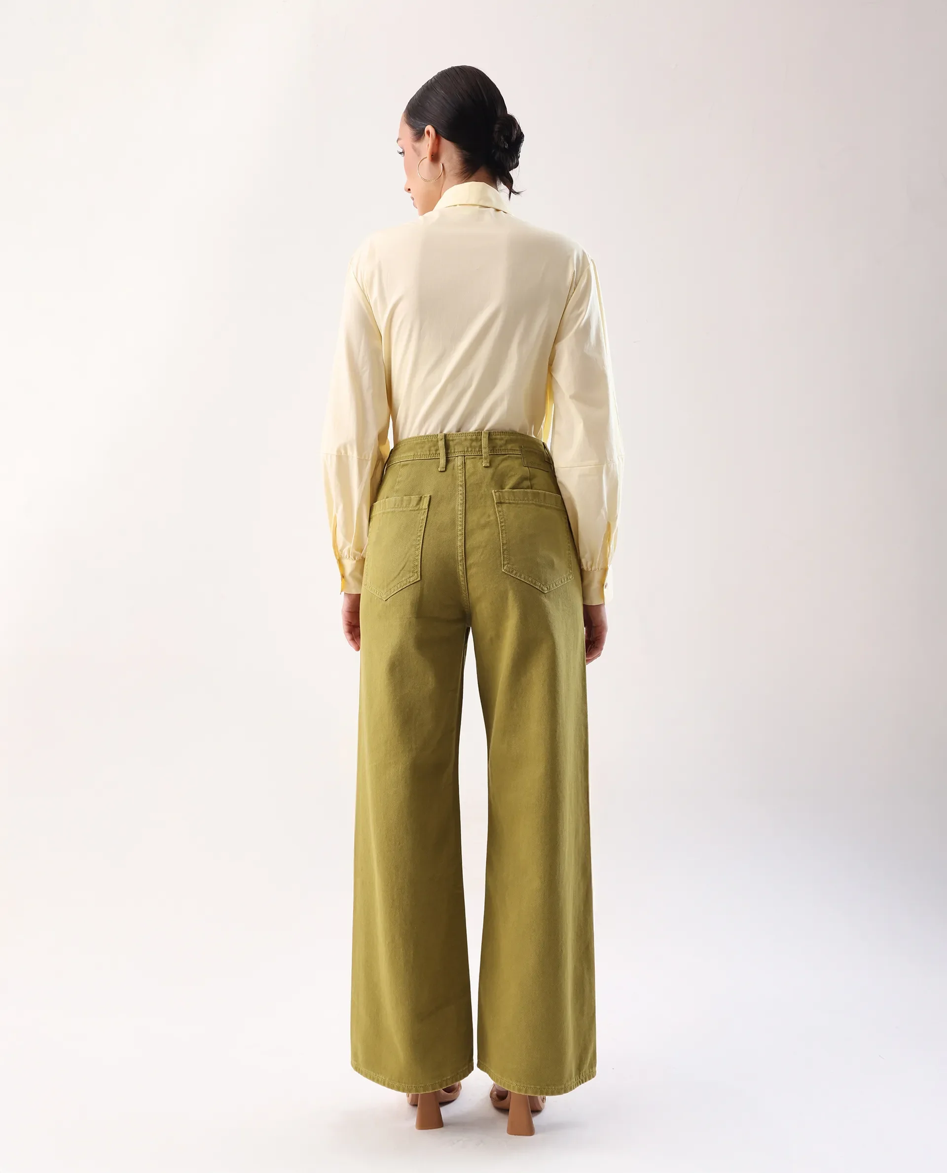 Rareism Women's Nufes B Olive Cotton Wide Ankle Length Plain Trouser - Image 7