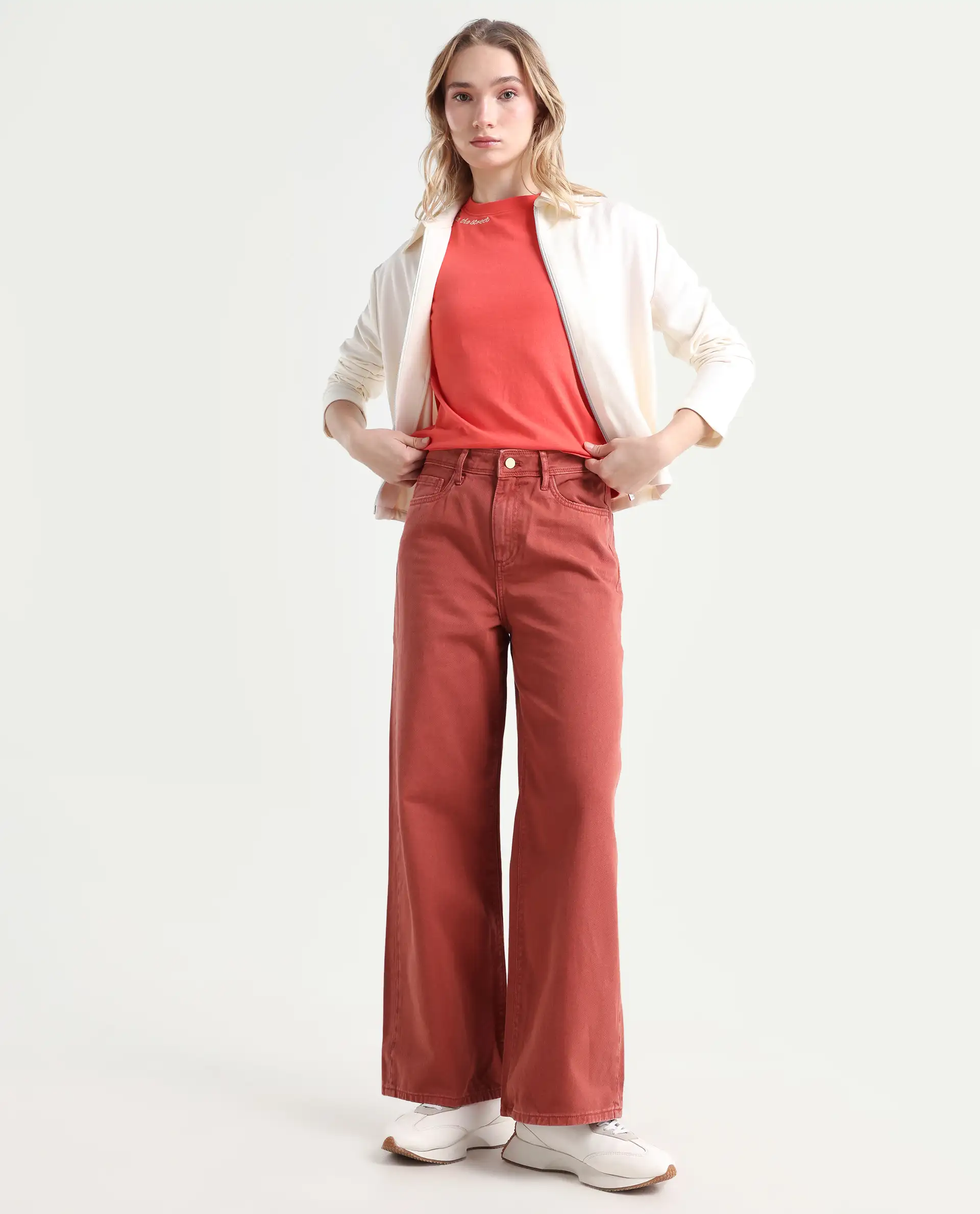 Rareism Women's Nufes Rust Cotton Wide Ankle Length Plain Trouser
