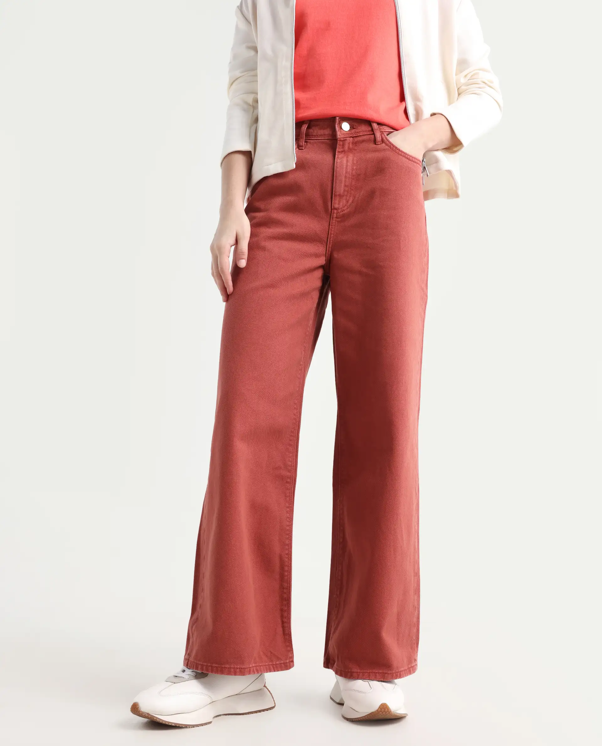 Rareism Women's Nufes Rust Cotton Wide Ankle Length Plain Trouser - Image 3