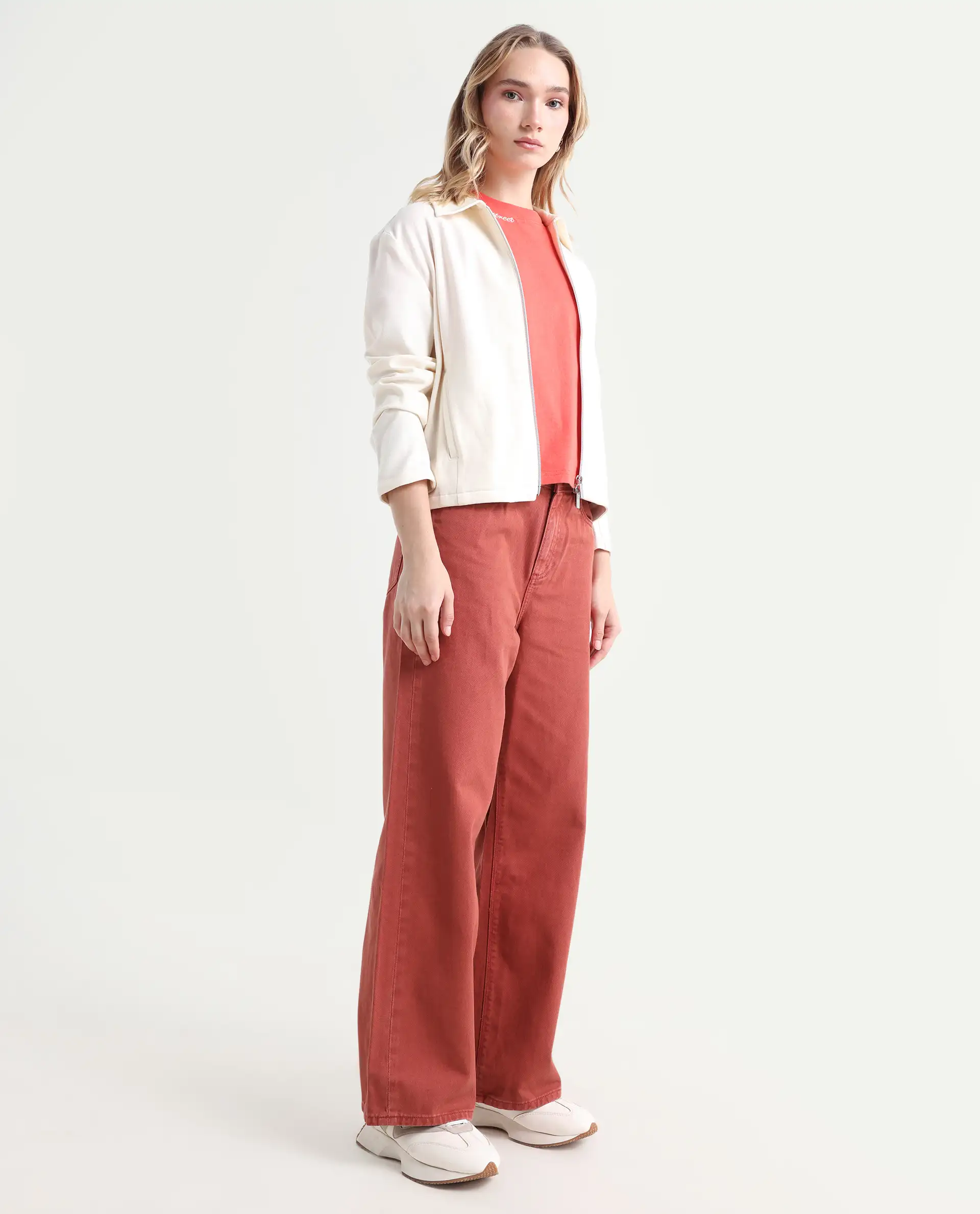 Rareism Women's Nufes Rust Cotton Wide Ankle Length Plain Trouser - Image 5