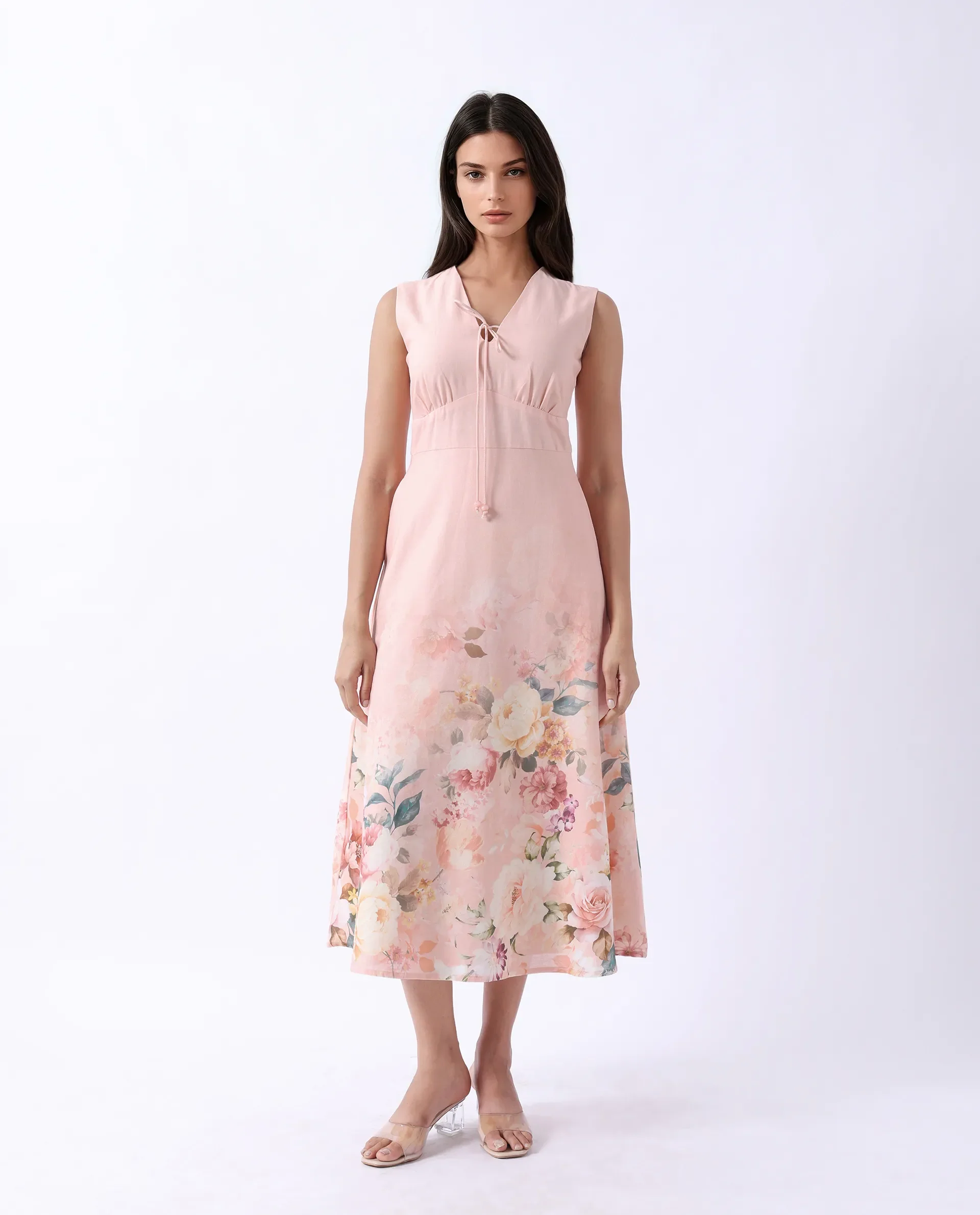 Rareism Women's Nugo Pink Viscose Blend V-Neck Floral Print Midi Dress - Image 2