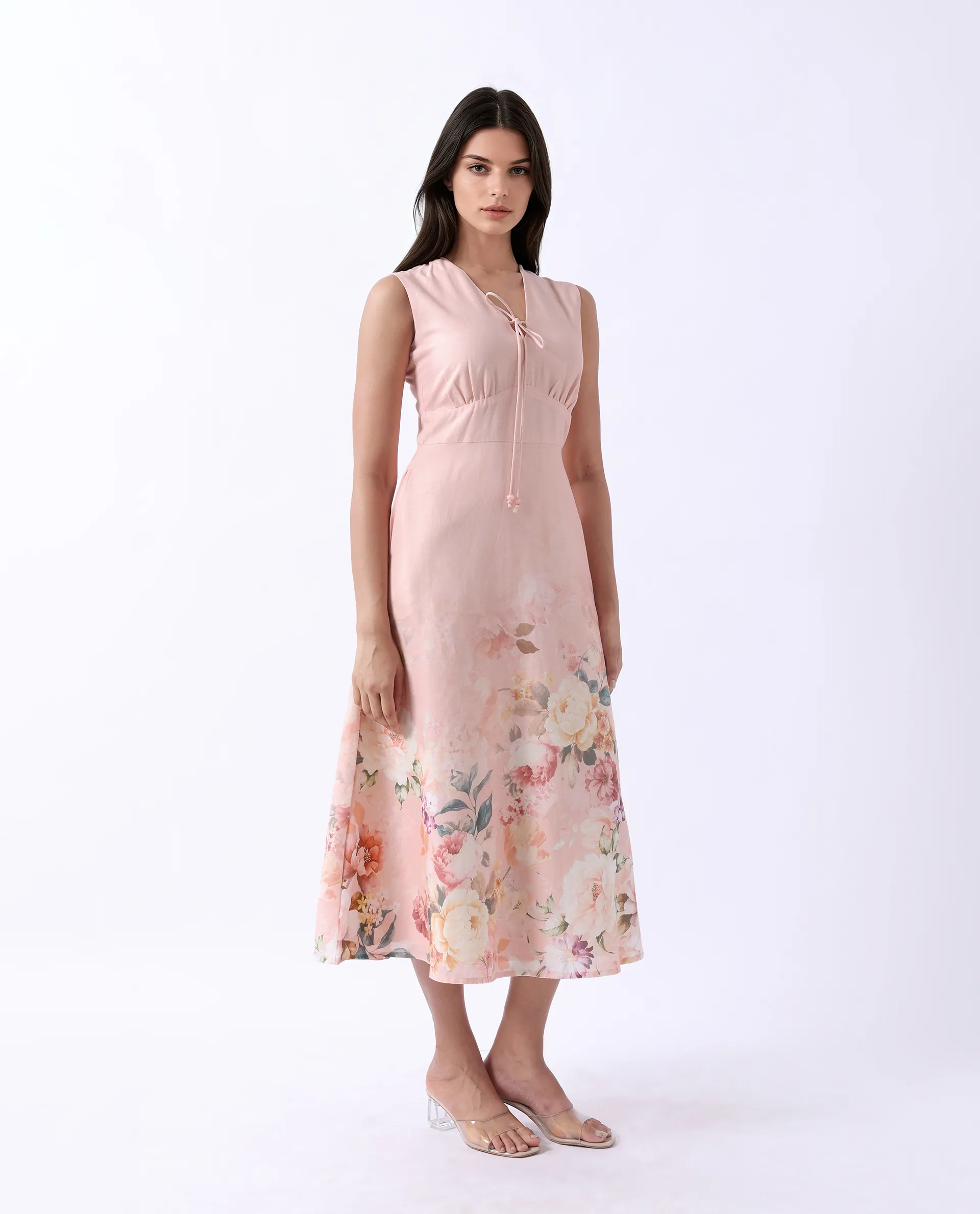 Rareism Women's Nugo Pink Viscose Blend V-Neck Floral Print Midi Dress - Image 5