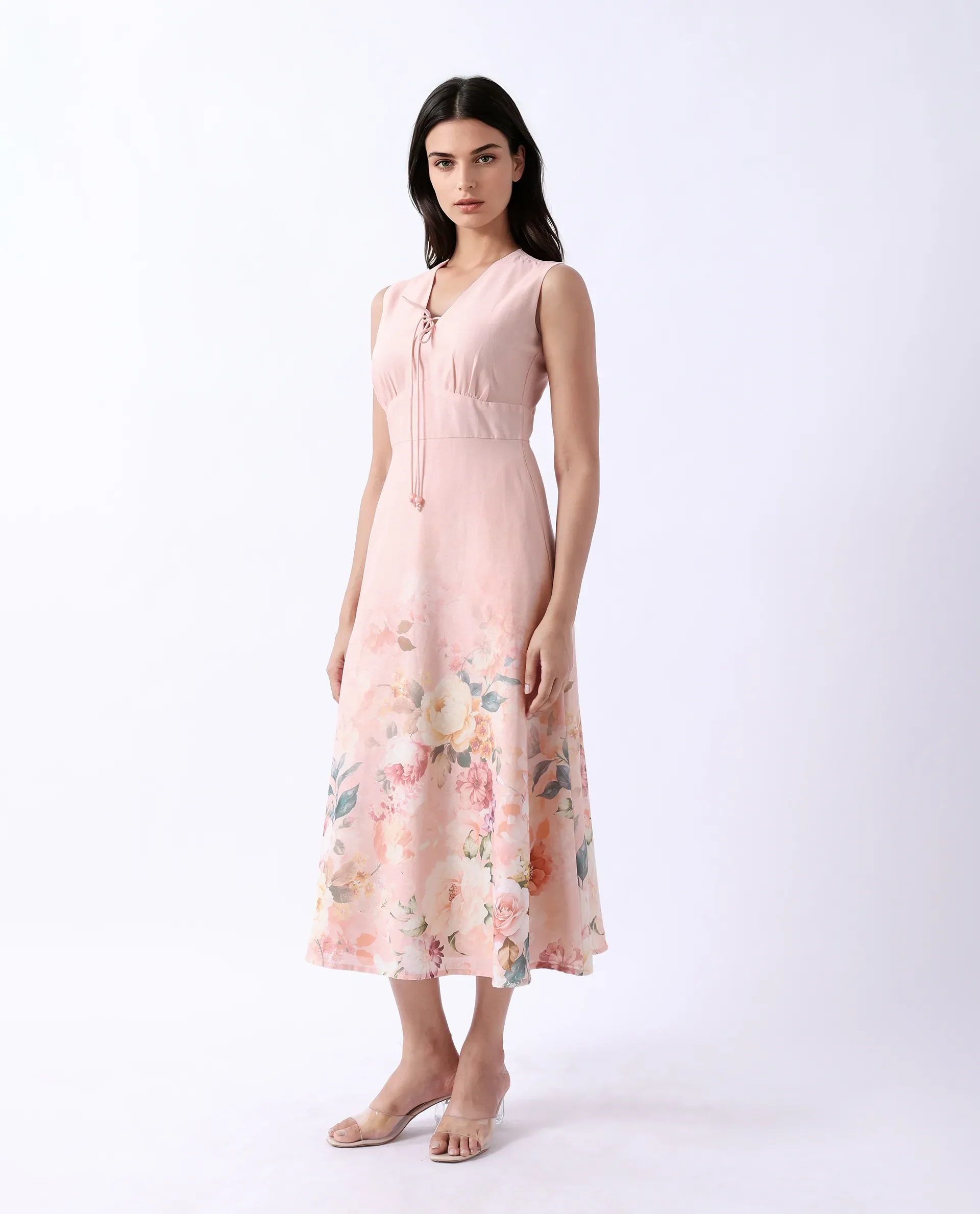 Rareism Women's Nugo Pink Viscose Blend V-Neck Floral Print Midi Dress - Image 6